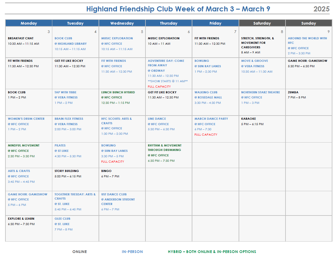 Program Catalog & Weekly Calendars — Highland Friendship Club
