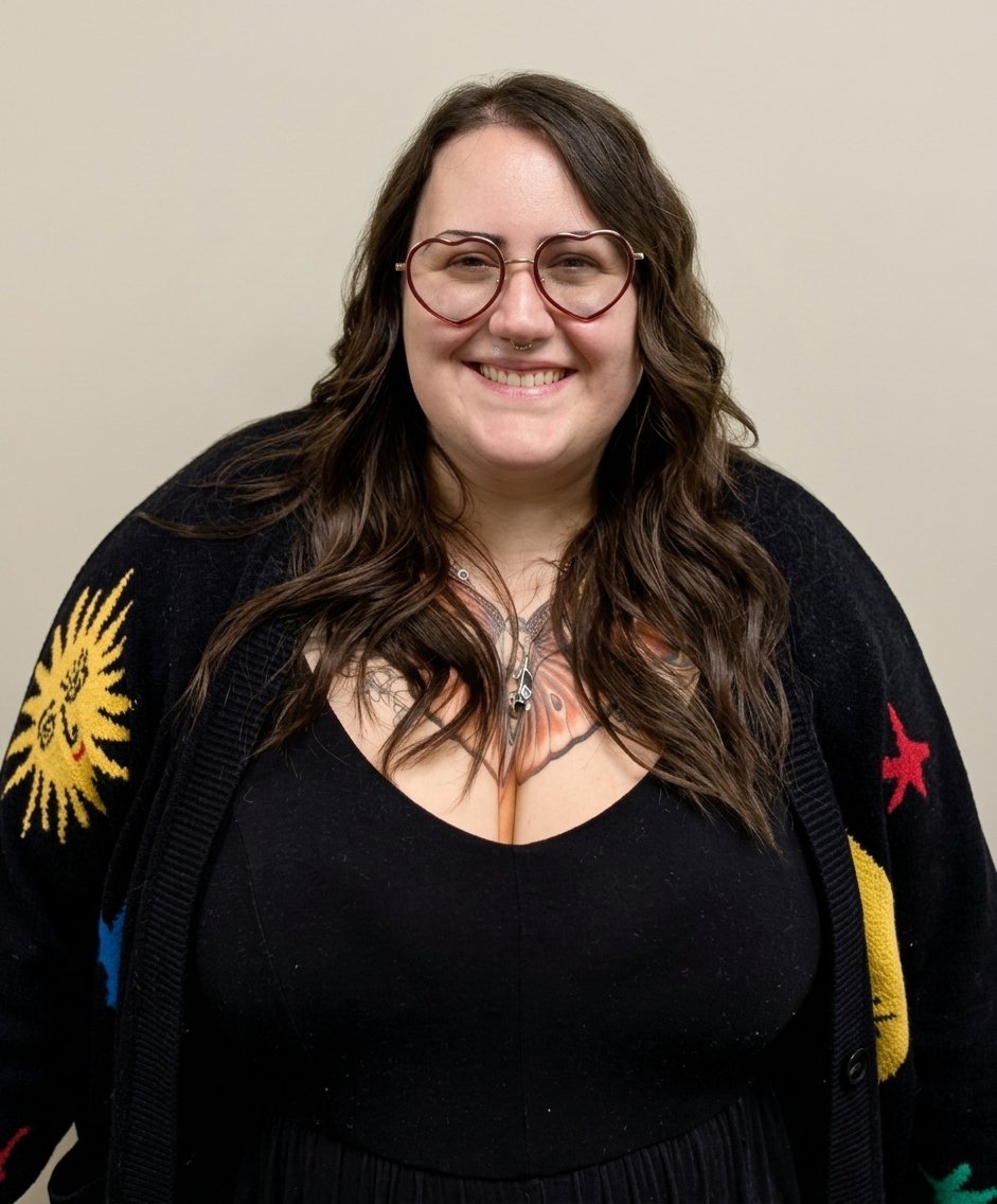 A headshot of a smiling woman with wavy, long brown hair and heart-shaped eyeglasses against a neutral, warm beige studio background. She is wearing a black top under an open black cardigan detailed with colorful embroidered sun and star designs.