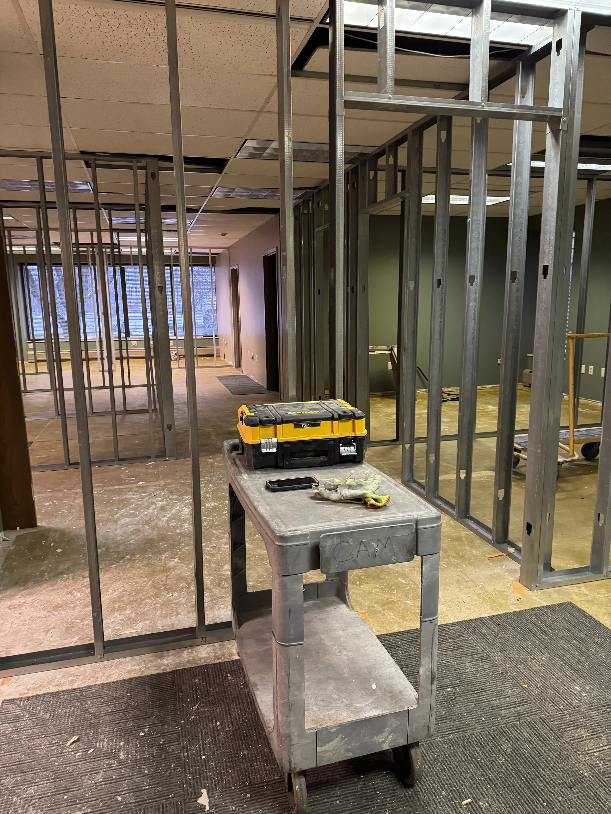 Framework for our new office walls. Viewed from the new entrance.