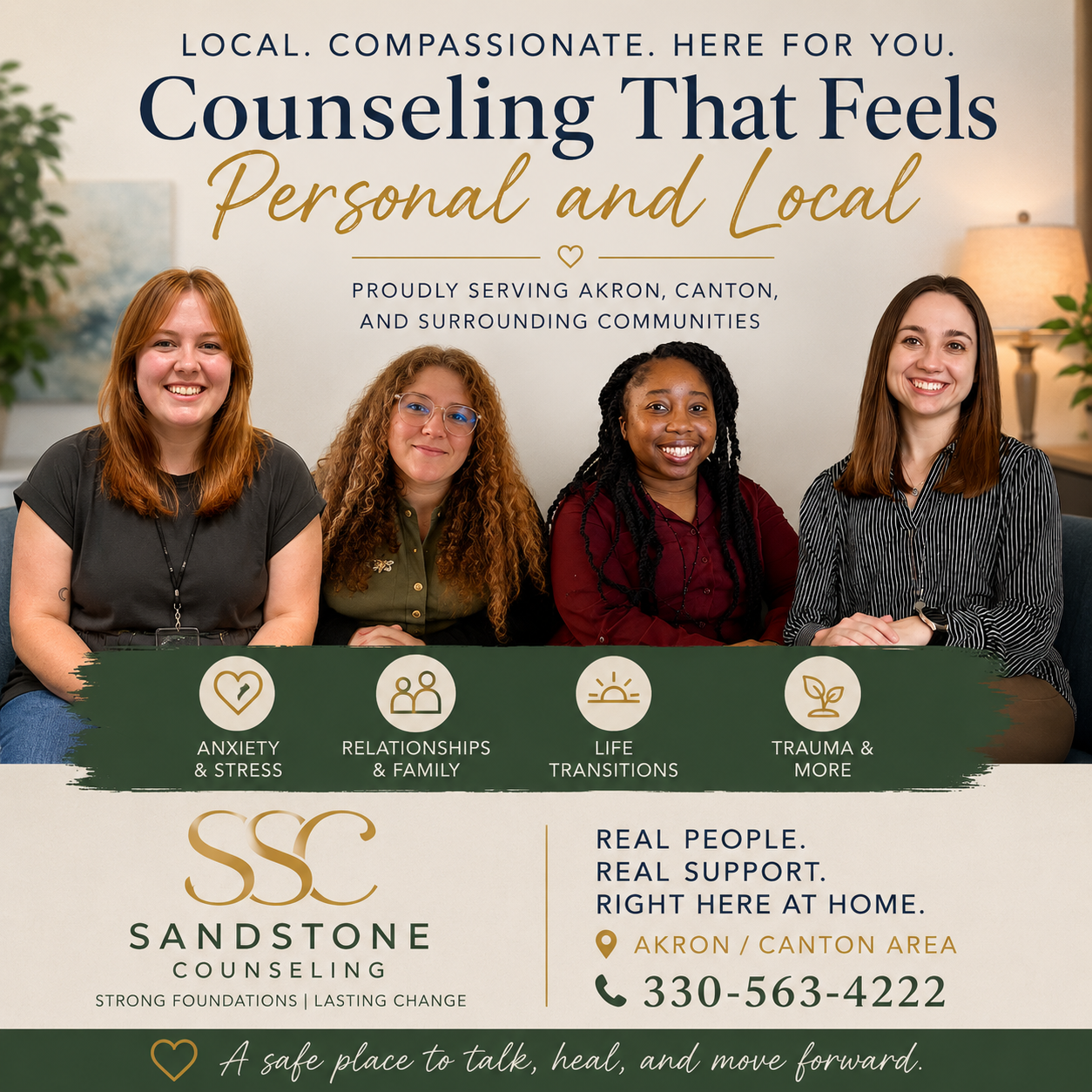 Headshots of Mackenzie, Dana, Rachel, and Megan next to each other. text on the page: Personal and local.