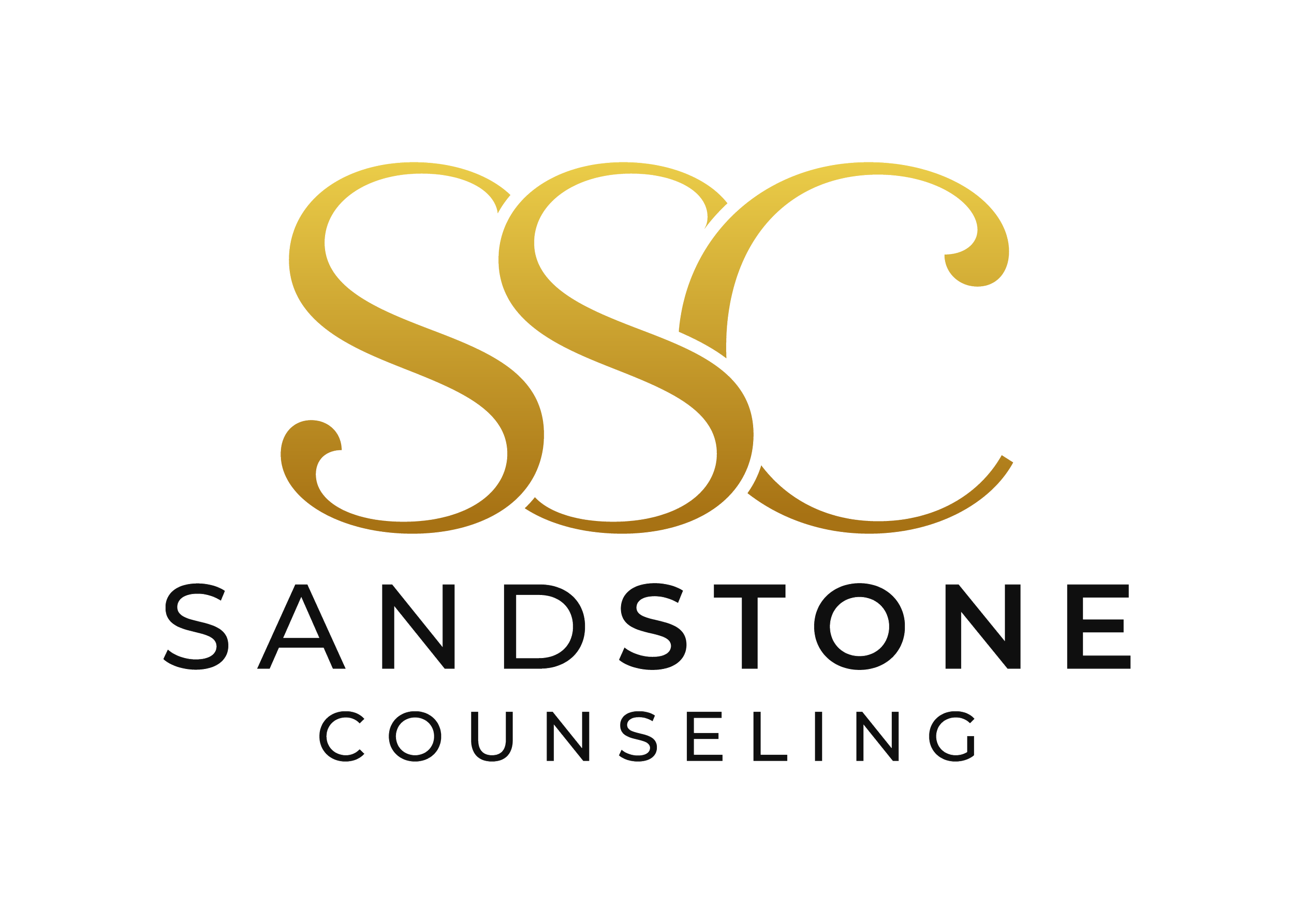 Sandstone logo. The Letters "SSC" in gold. the words "Sandstone Counseling" in black sans serif font.