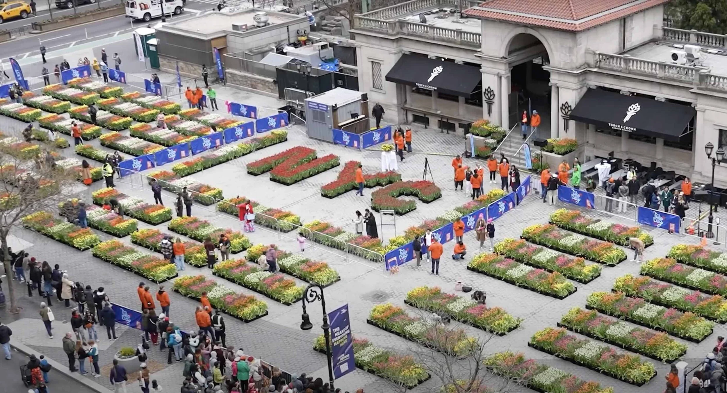 An aerial photo looking down on NYC Tulip Day 2025 in Union Square