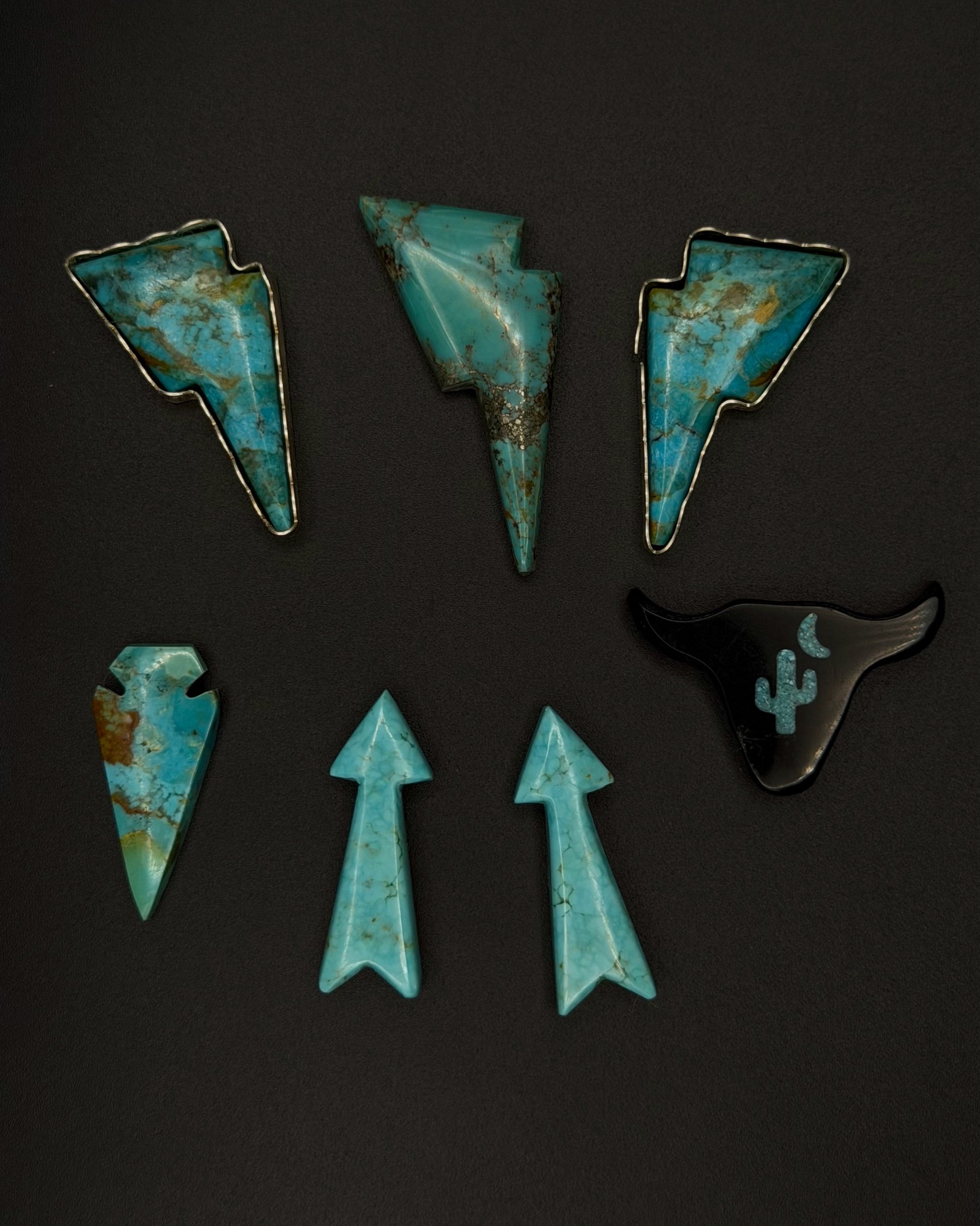 Turquoise Lightning Bolts, Arrows & Hand Carved Steer Head inlayed with turquoise 
(hand carved and inlayed by Jason Hill)
