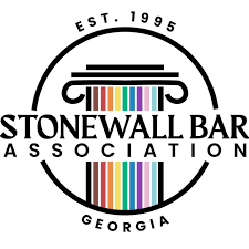 Logo for Stonewall Bar Association Georgia, featuring a circular emblem with 'EST. 1995' at the top, 'GEORGIA' at the bottom, and a stylized barbell with colorful bars in the center.