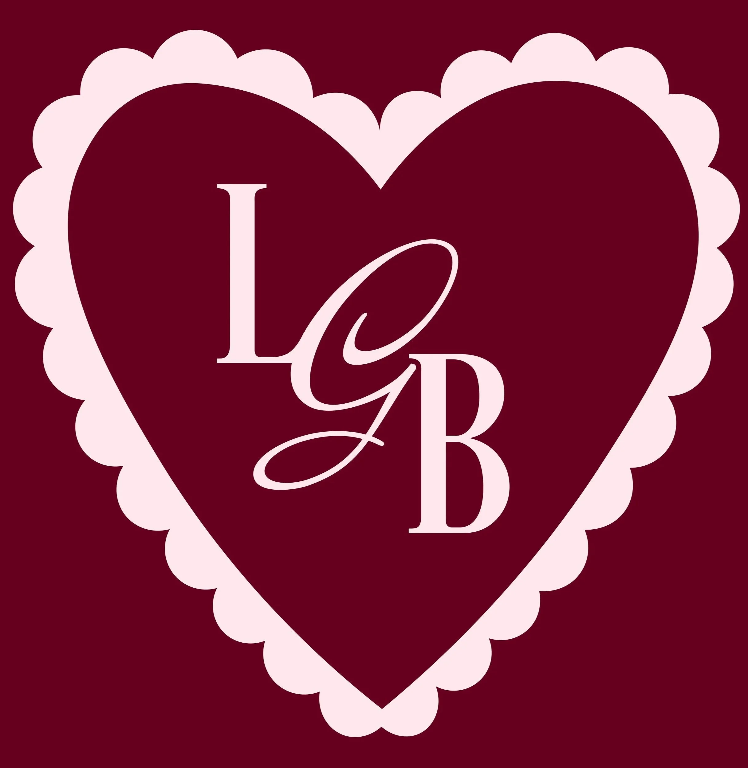 A heart-shaped graphic with a scalloped light pink border, a dark red background, and the words "I Love You" with alternating large uppercase and cursive letters inside.