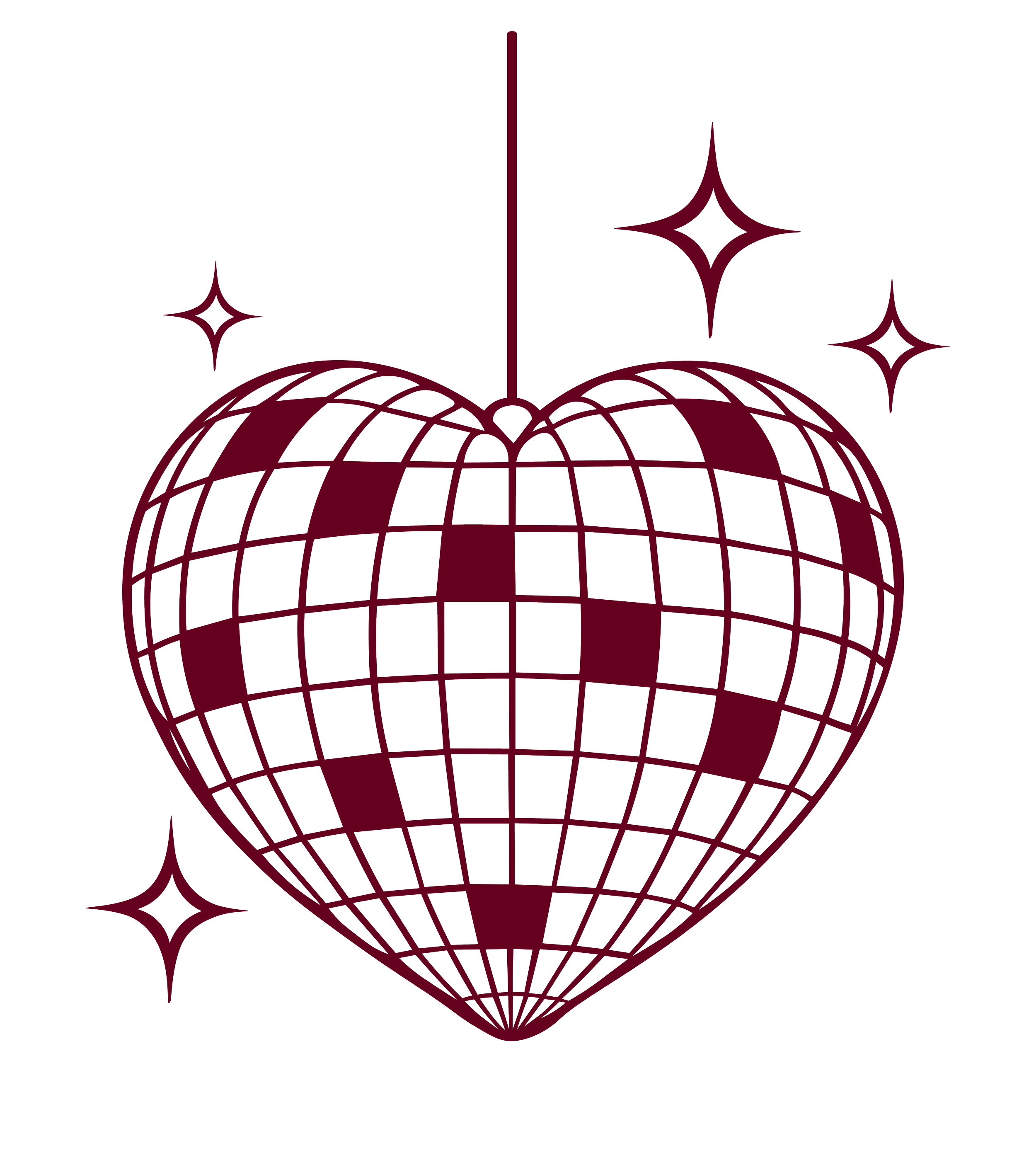 A heart-shaped disco ball with a grid pattern, surrounded by four shining star-like sparkles.