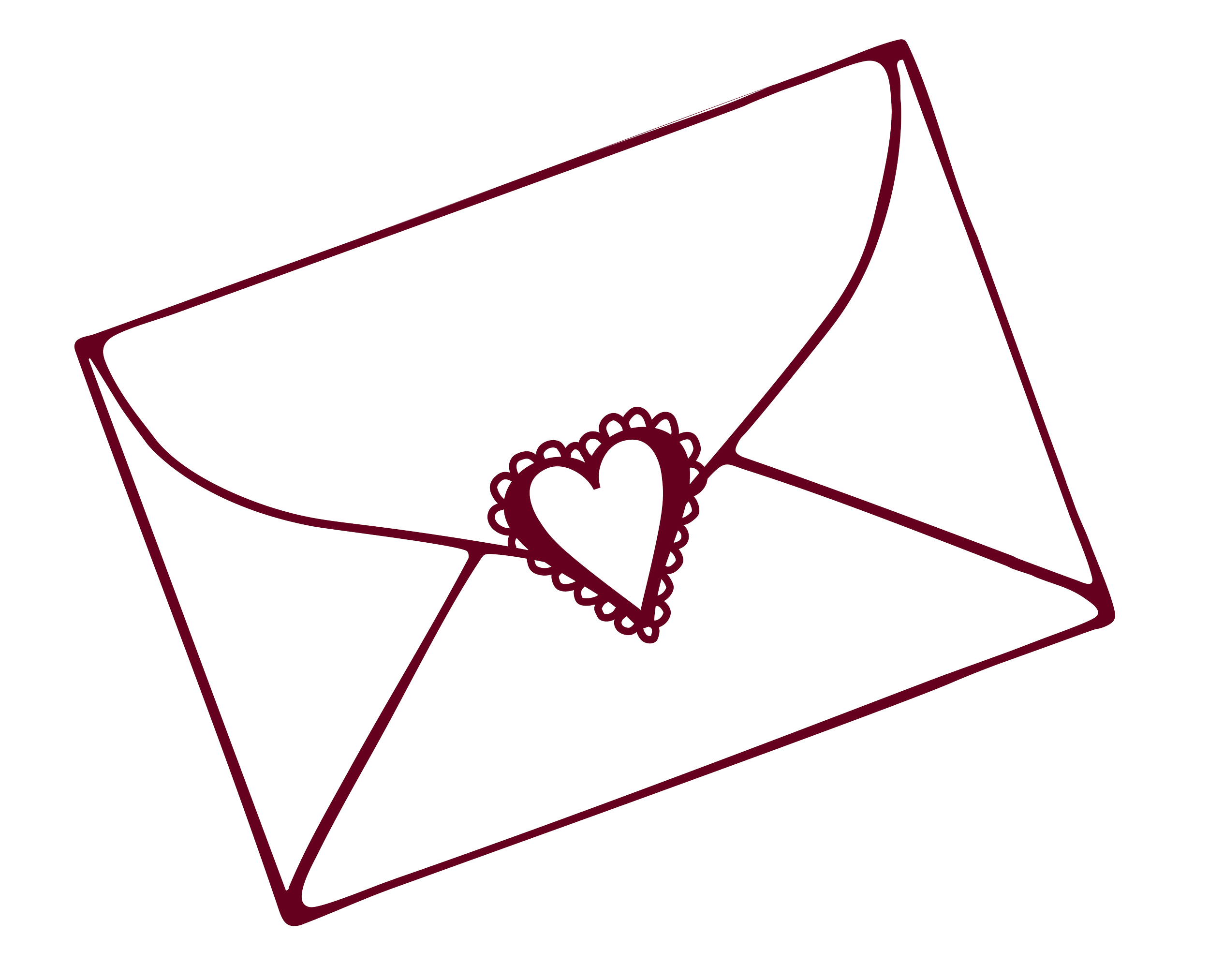 Outline drawing of a greeting card with a heart on the front, decorated with a dotted border.