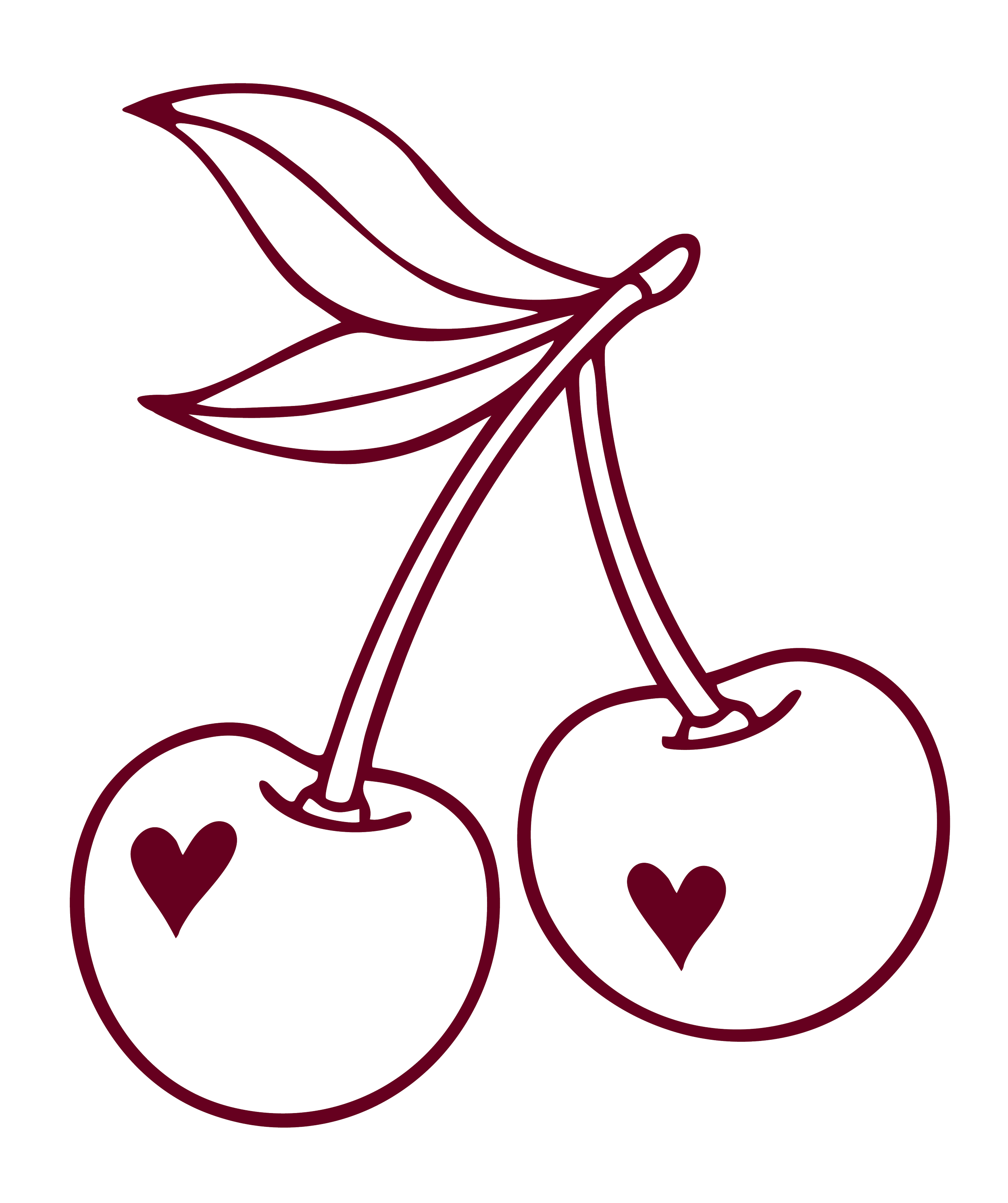 Outline drawing of two cherries with a branch and leaves, each cherry has a small heart shape on it.