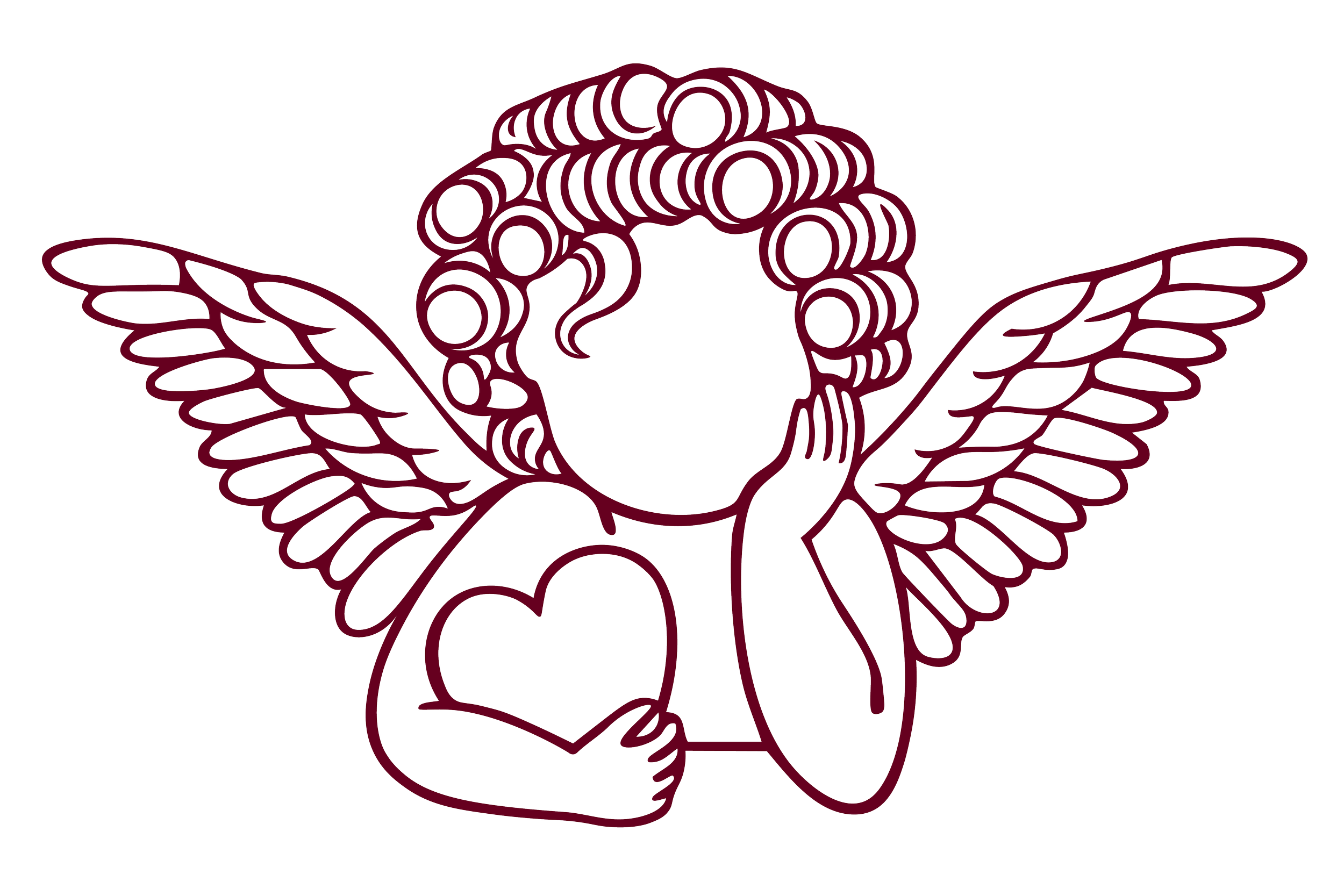 Line drawing of a woman with curly hair, angel wings, and holding a heart close to her chest, with one hand on her face.