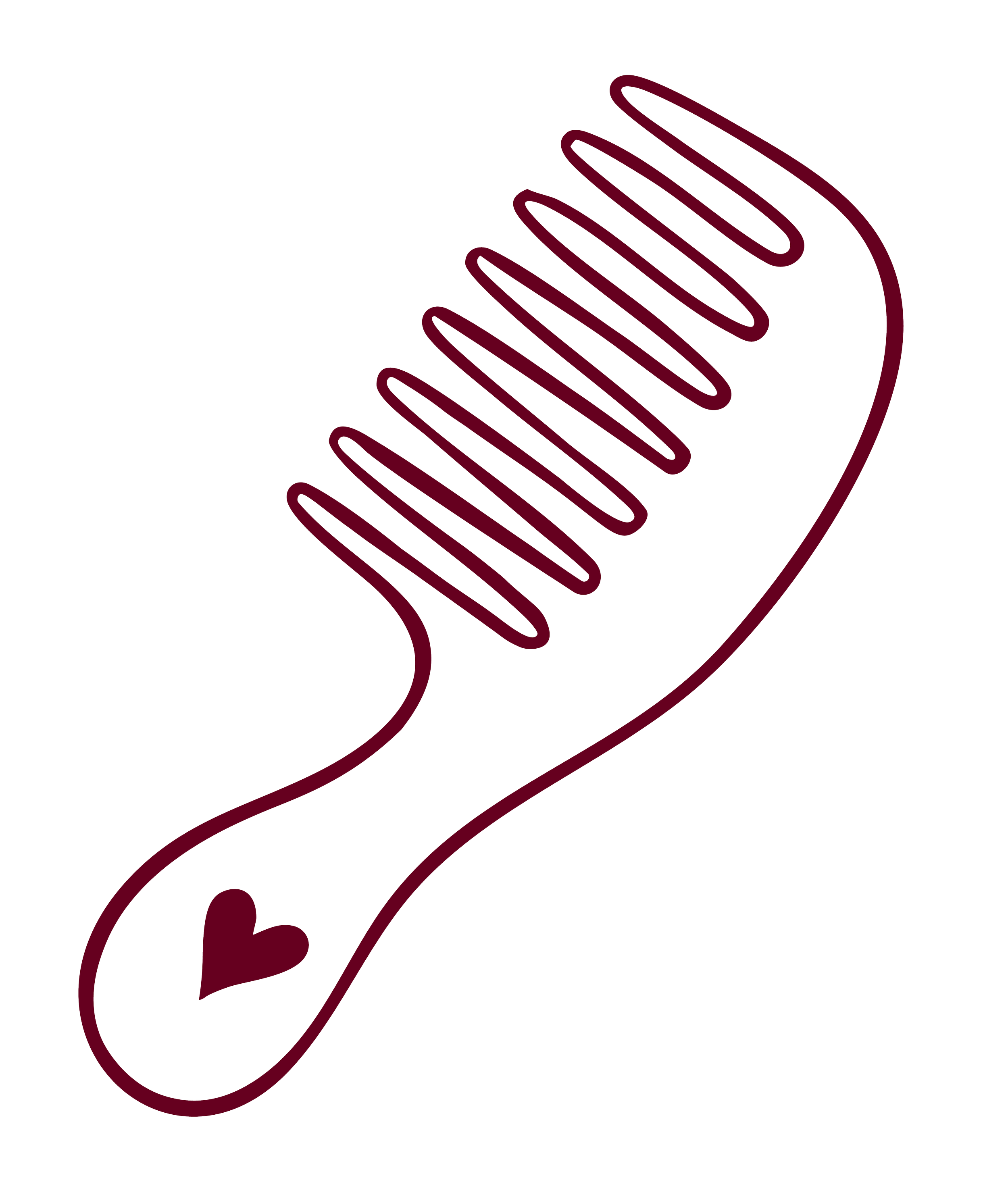 A stylized line drawing of a hairbrush with a small heart on its handle.