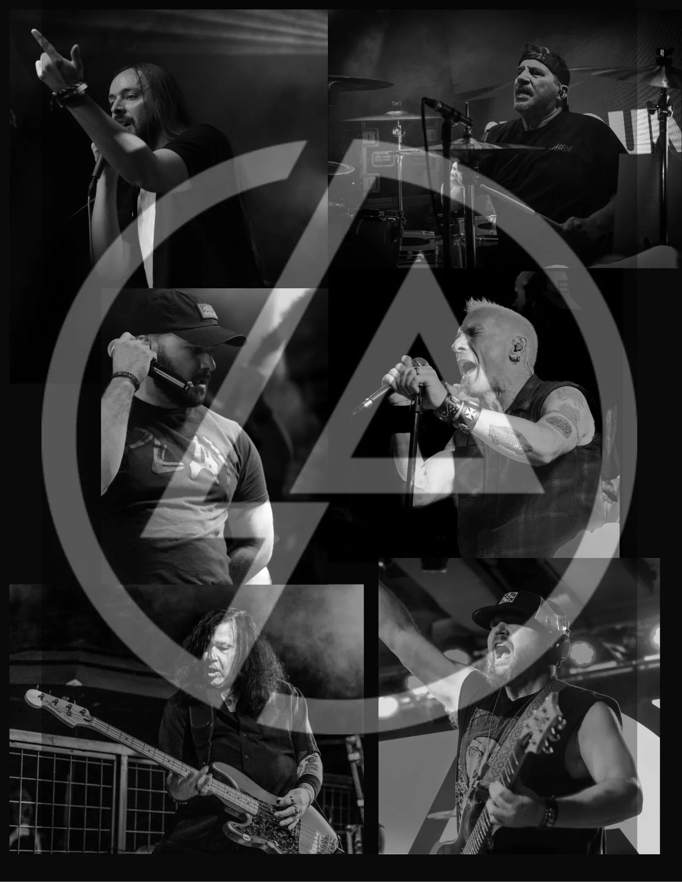 Black and white collage of six musicians performing on stage, including singers, guitarists, and drummers, with copyright symbol overlay.
