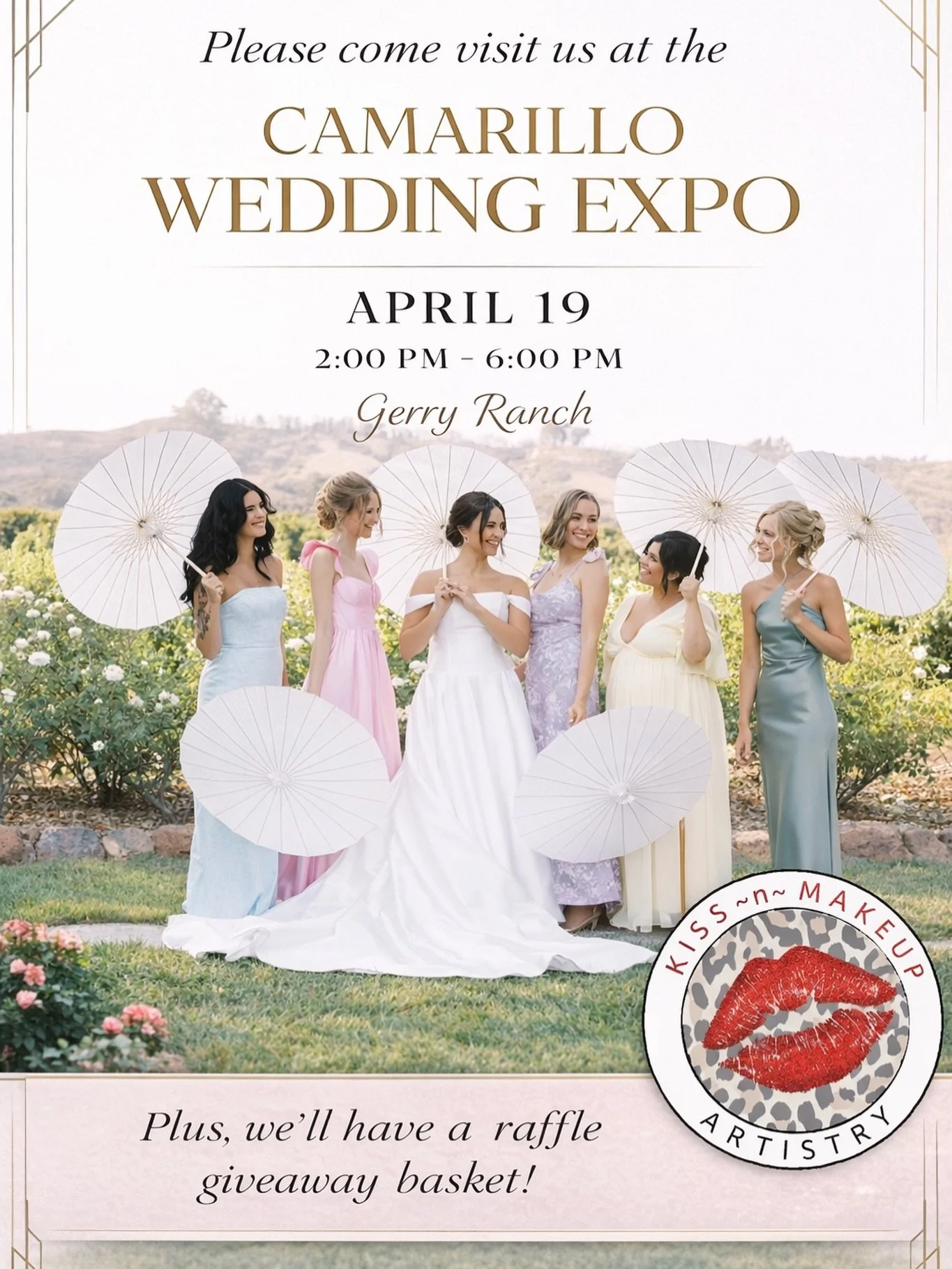 Come see us at the Camarillo Wedding Expo!

Come see Kiss n Makeup Artistry on April 19 from 2:00&ndash;6:00 PM at Gerry Ranch for an afternoon full of wedding inspiration and some beauty!

Stop by our booth, meet some of our team, and chat all thing