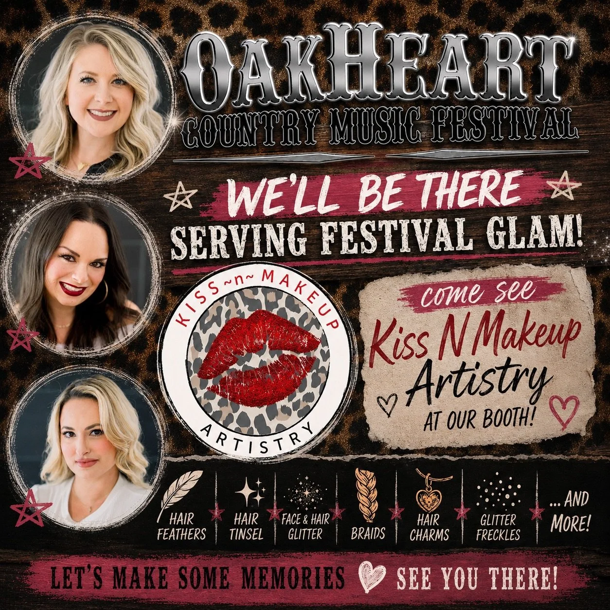 🎶🤠 Festival season is here! 🤠🎶

Come see Kiss N Makeup Artistry at the OakHeart Country Music Festival on May 30th where we&rsquo;ll be serving up festival glam all day long! ✨

Stop by our booth for:
🪶 Hair Feathers
✨ Hair Tinsel
💫 Face &amp; 