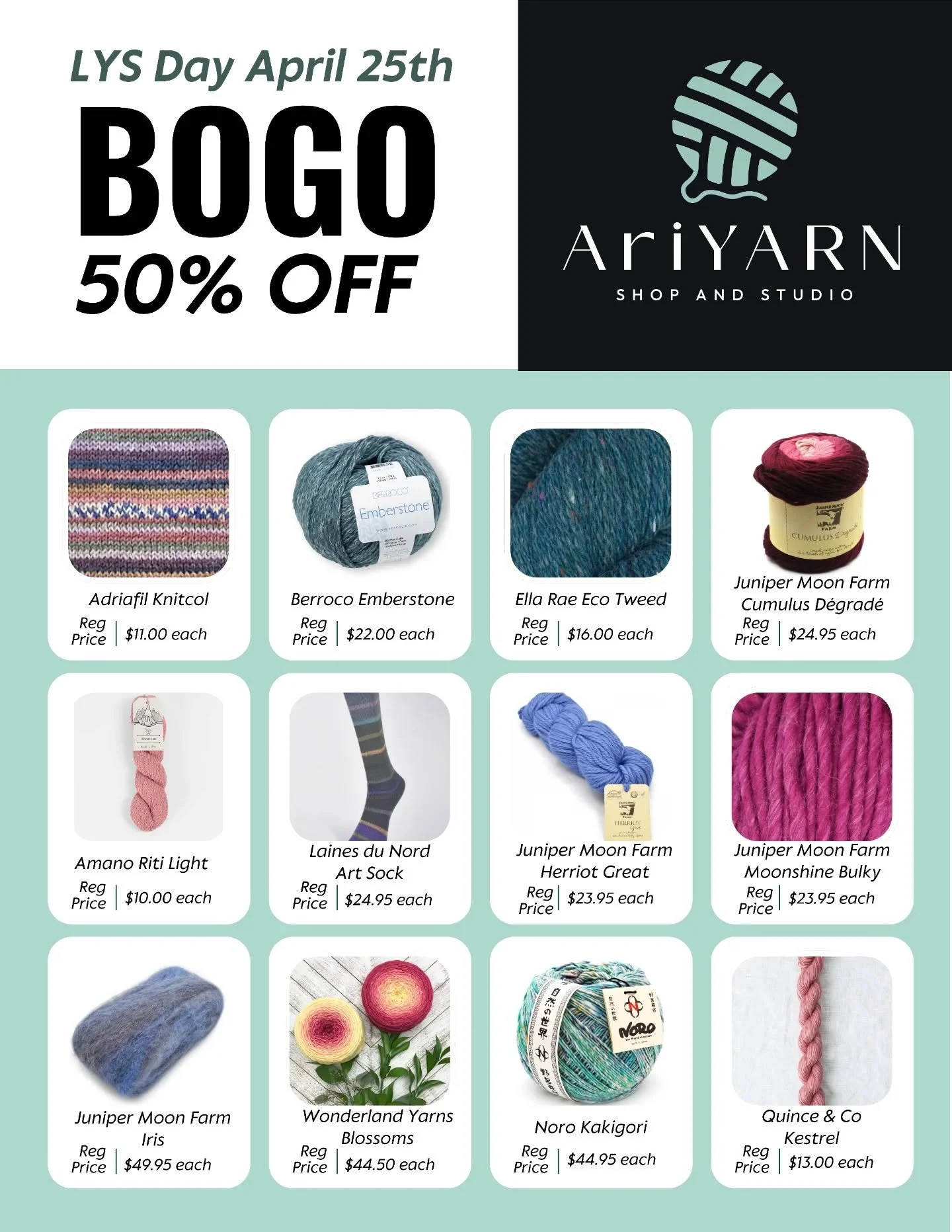 Score big on your favorite fibers in time for Local Yarn Store Day!

FOR LYS DAY ONLY, buy one skein of yarn, get the second one 50% off! Mix and match colors and weights to start your next masterpiece.

BOGO YARNS:

- Adriafil Knitcol

- Berroco Emb