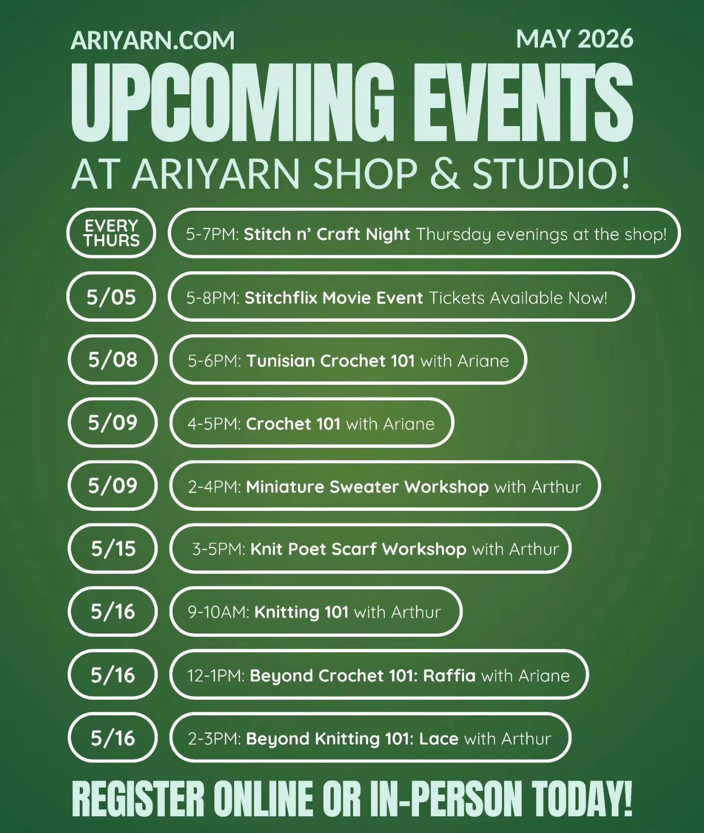 May is shaping up to be a busy month for classes at the AriYARN Shop &amp; Studio! Join us for an exciting schedule of classes and workshops all month long.

Sign up for all our May events now via the link in our bio, or stop by and see us in person!