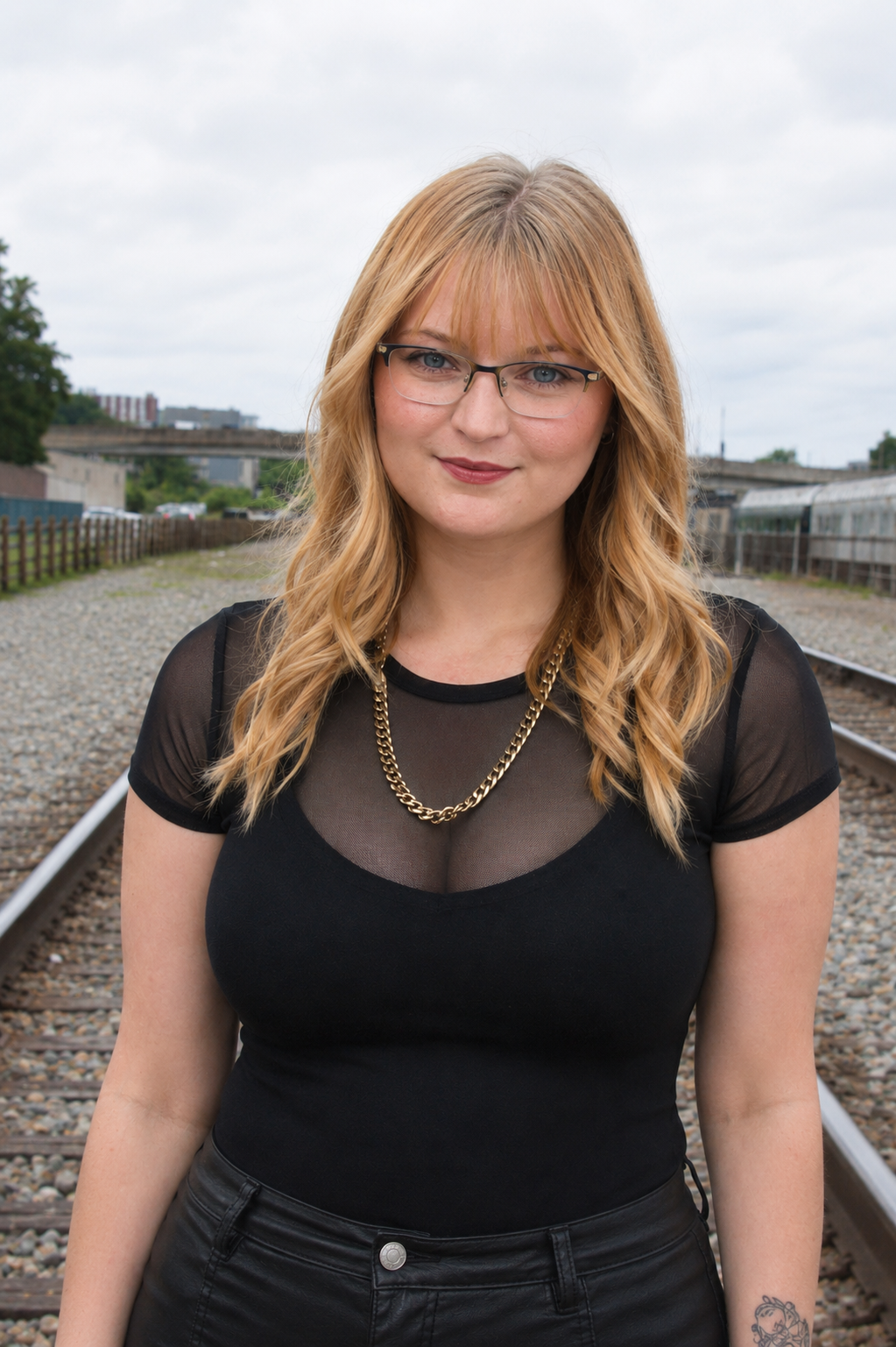 A young woman with blonde hair, glasses, and light makeup, wearing a black lace top, standing in front of a brick wall and a mirror.