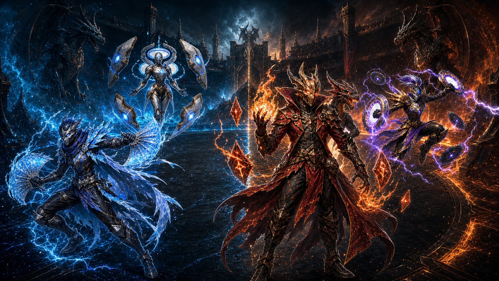 CardForge Heroes champions Kael Emberlord, Nyx Shardveil, Aegis Prime, and Tempestra clash in an elemental arena