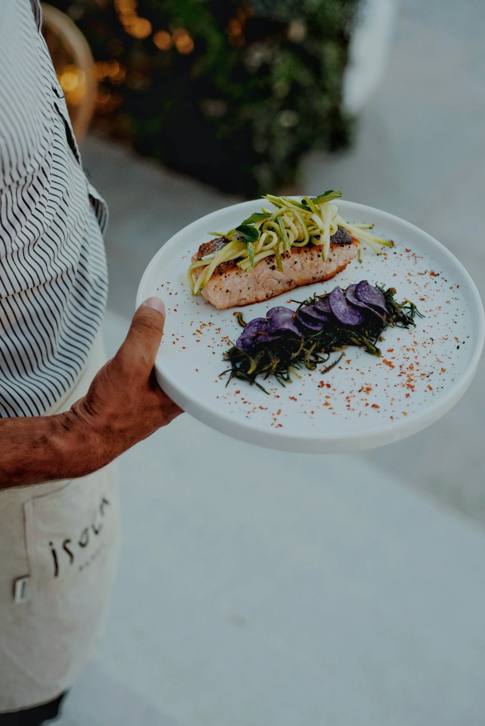 A person holding a white plate with a cooked salmon fillet topped with julienned zucchini and chopped herbs, and garnished with purple potato chips and herbs on a light-colored surface.
