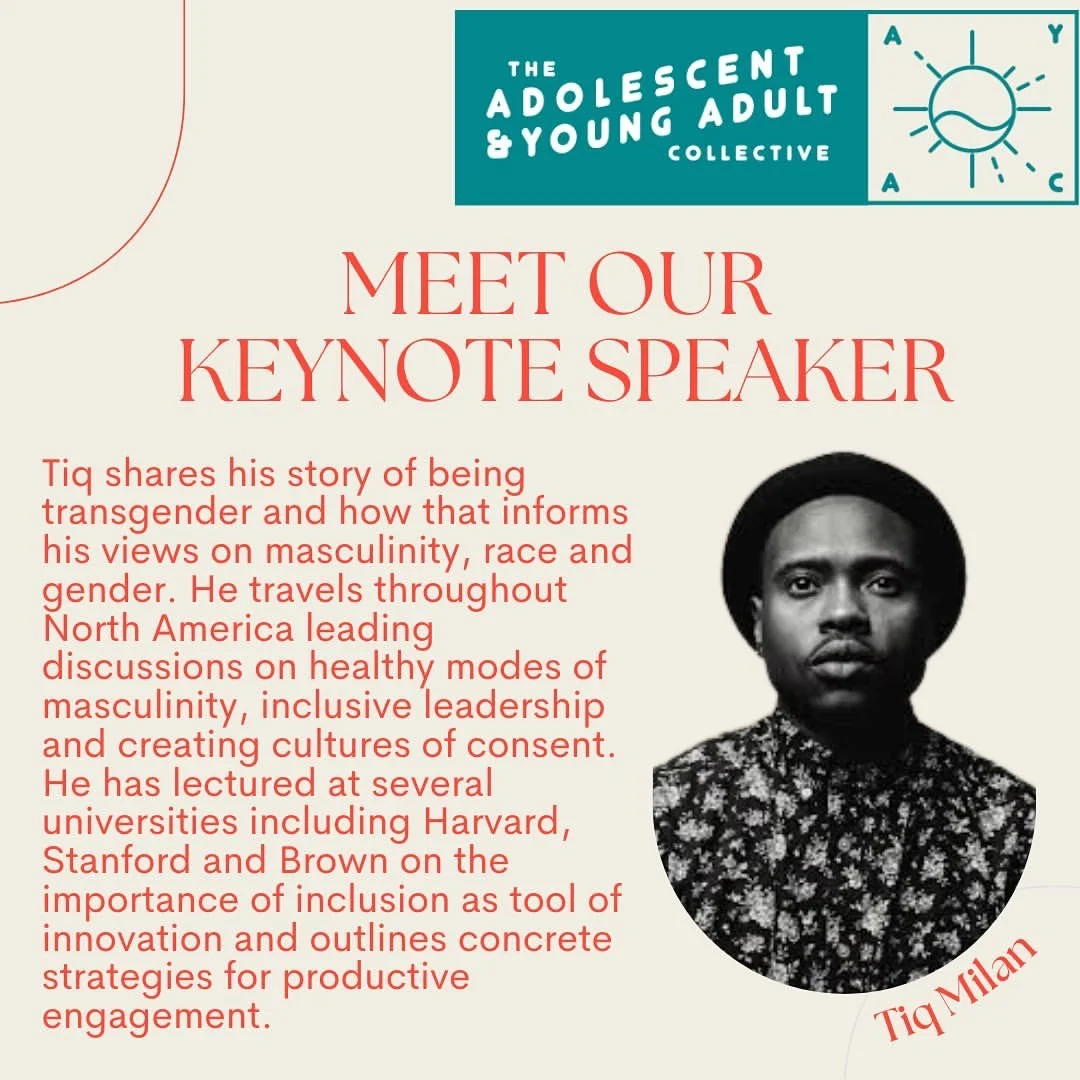 Announcement for keynote speaker, Tiq Milan, highlighting expertise on masculinity, race, and gender. Includes a description of public speaking engagements and lectures at universities like Harvard and Stanford.