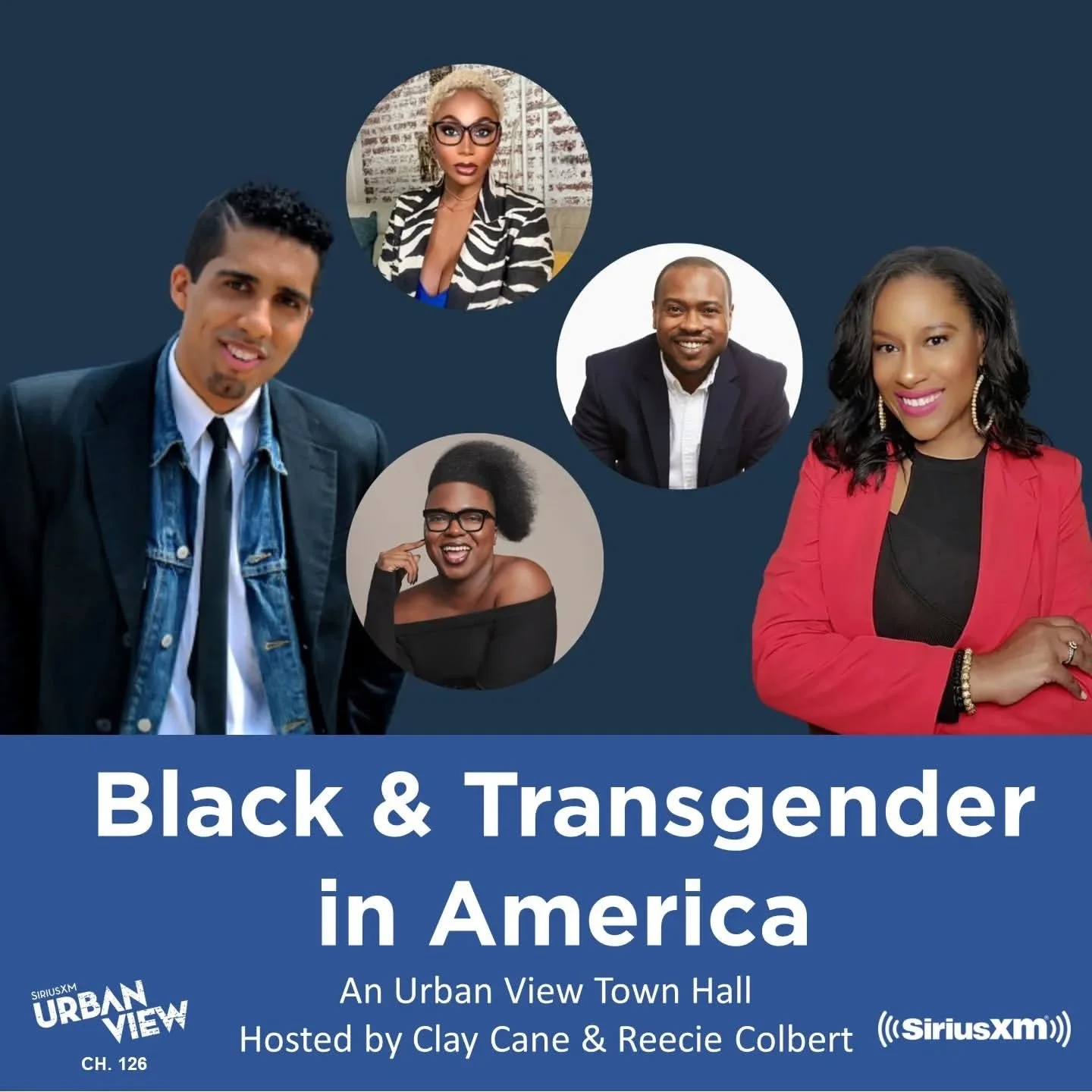 Promotional graphic for "Black & Transgender in America," an Urban View Town Hall on SiriusXM. The image features five people posed professionally, including hosts Clay Cane and Reecie Colbert. The text includes channel information: SiriusXM Urban View CH. 126.