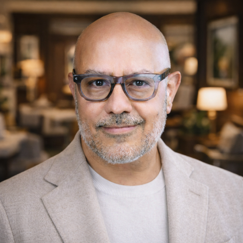 A bald, middle-aged man with a gray beard wearing glasses and a light beige blazer in a warmly lit, cozy indoor setting.
