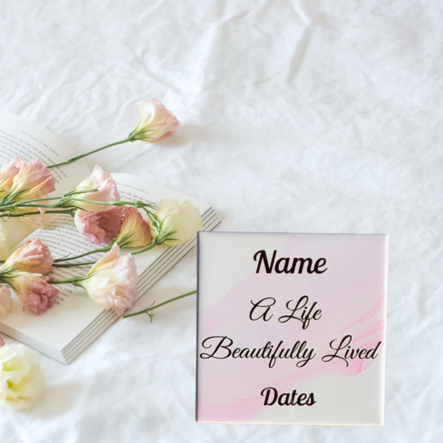 Life beautifully lived ceramic tile with white floral background