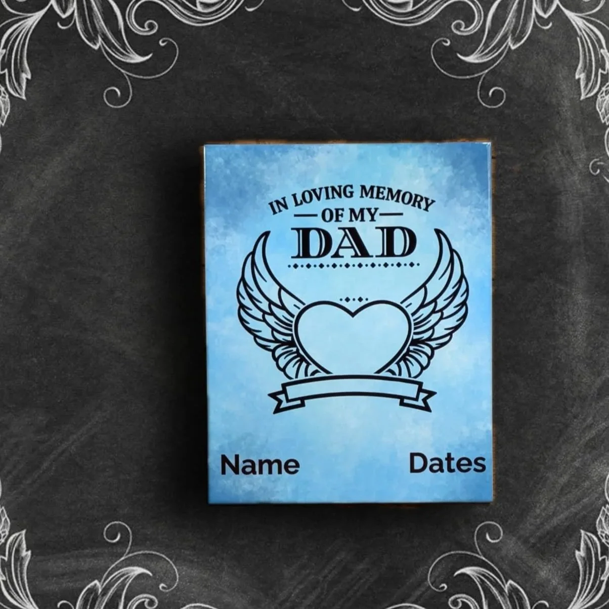 8X10-inch blue ceramic tile with the words "In Loving Memory of my dad, an image of a heart with wings and and area to add name and date