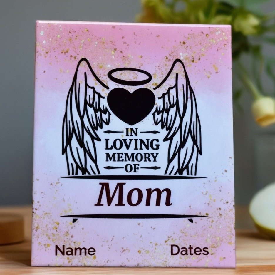8 x 10-inch soft pink ceramic tile with In loving memory of Mom and angel wings with a heart in the middle of wings and a halo above the heart.