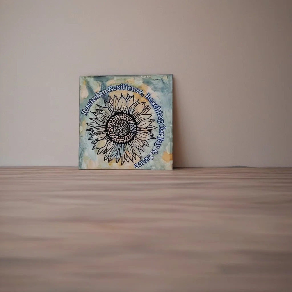 6 x 6 inch ceramic tile with alcohol ink background and a sunflower. The words "Rooted in Resilience, Reaching for Joy and Peace.