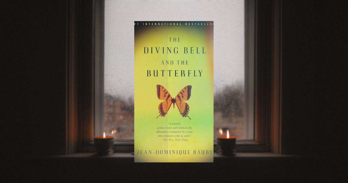 The cover of the memoir The Diving Bell and the Butterfly overlaid on an image of a rain-covered window