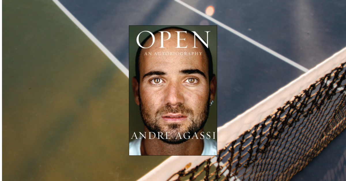 Andre Agassi's face on the cover of his memoir, Open