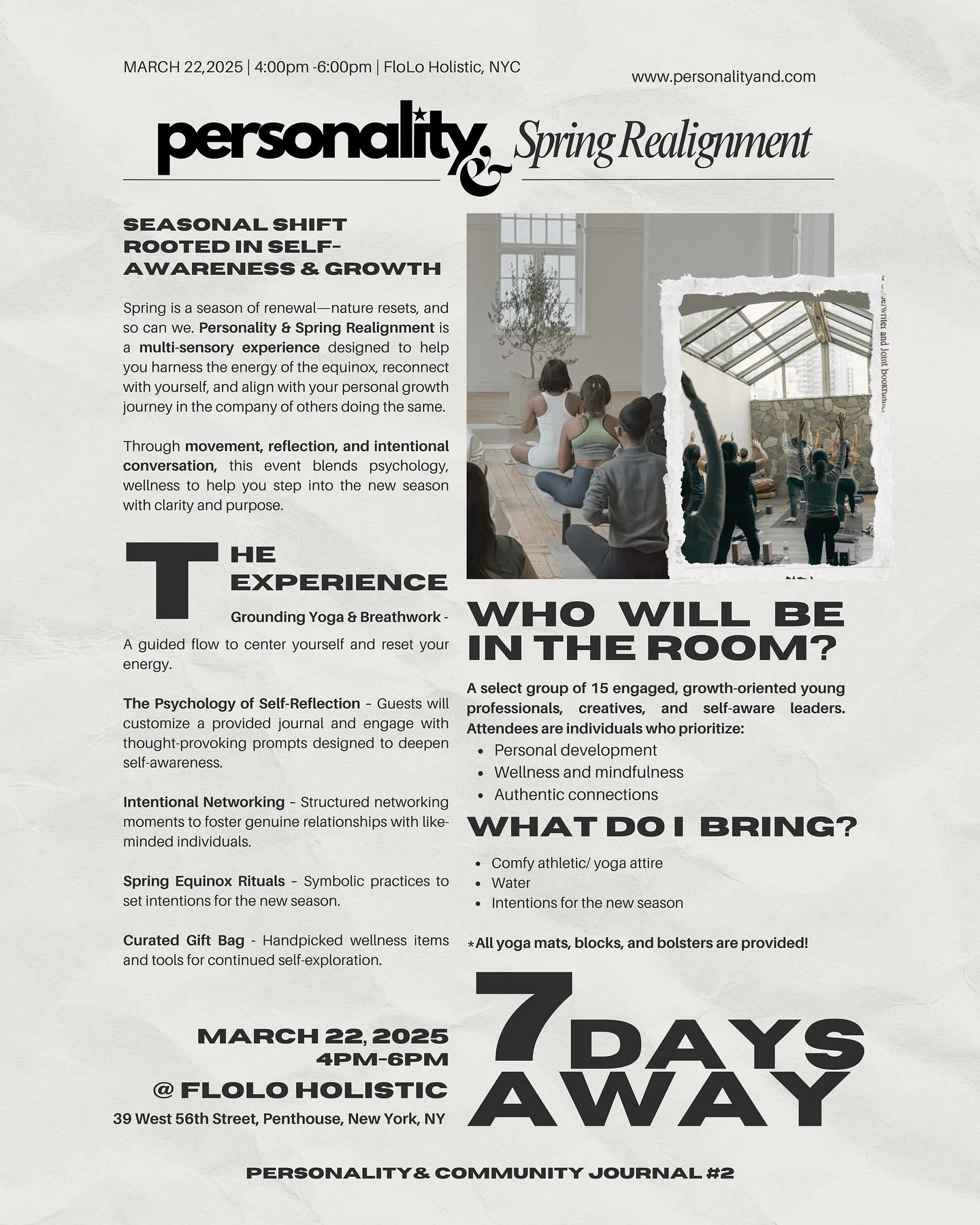 7 days away. ✨ If you&rsquo;ve been waiting for a sign&mdash;this is it. 

Personality &amp; Spring Realignment is your chance to reset, realign, and step into the new season with intention. A guided yoga flow, thought-provoking self-reflection, and 
