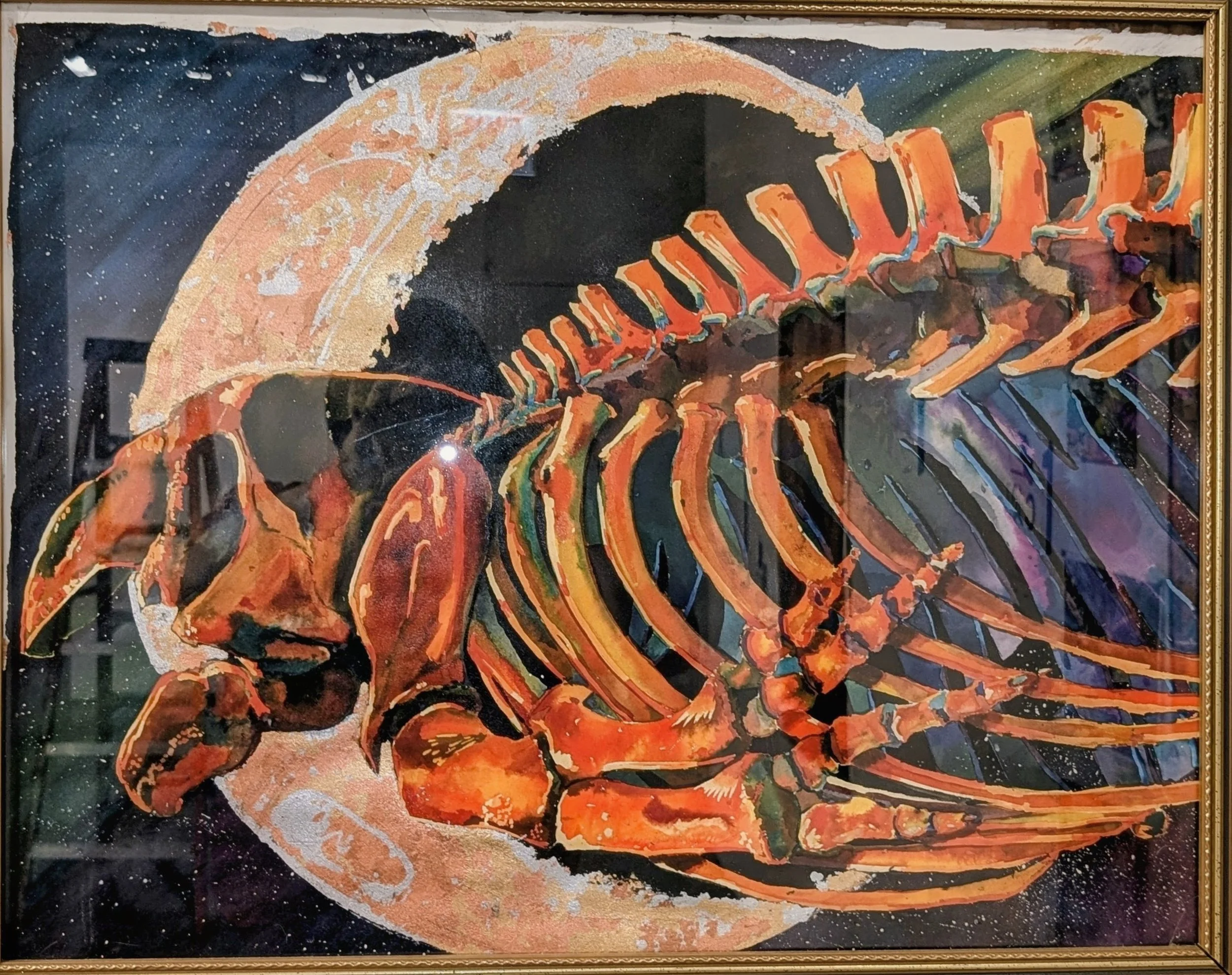 Grey Whale Moon.  watercolor, ink, metal leaf, 2022, this is on of my largest artworks.  I was blind with cataracts when I made this, resulting in the deep yellow tone that I couldn't see. 