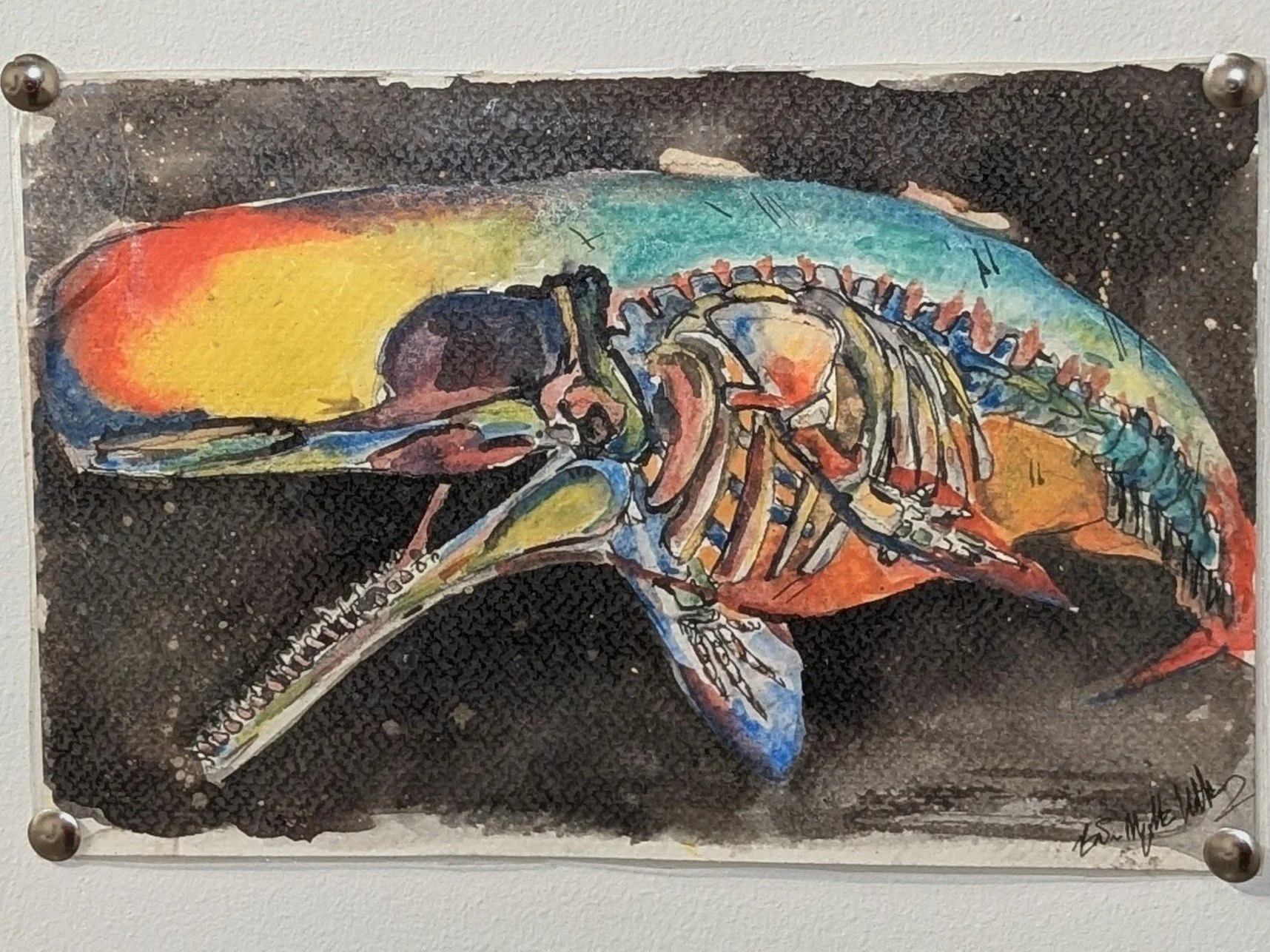 This sperm whale was an experiment in colors, ink and watercolor.