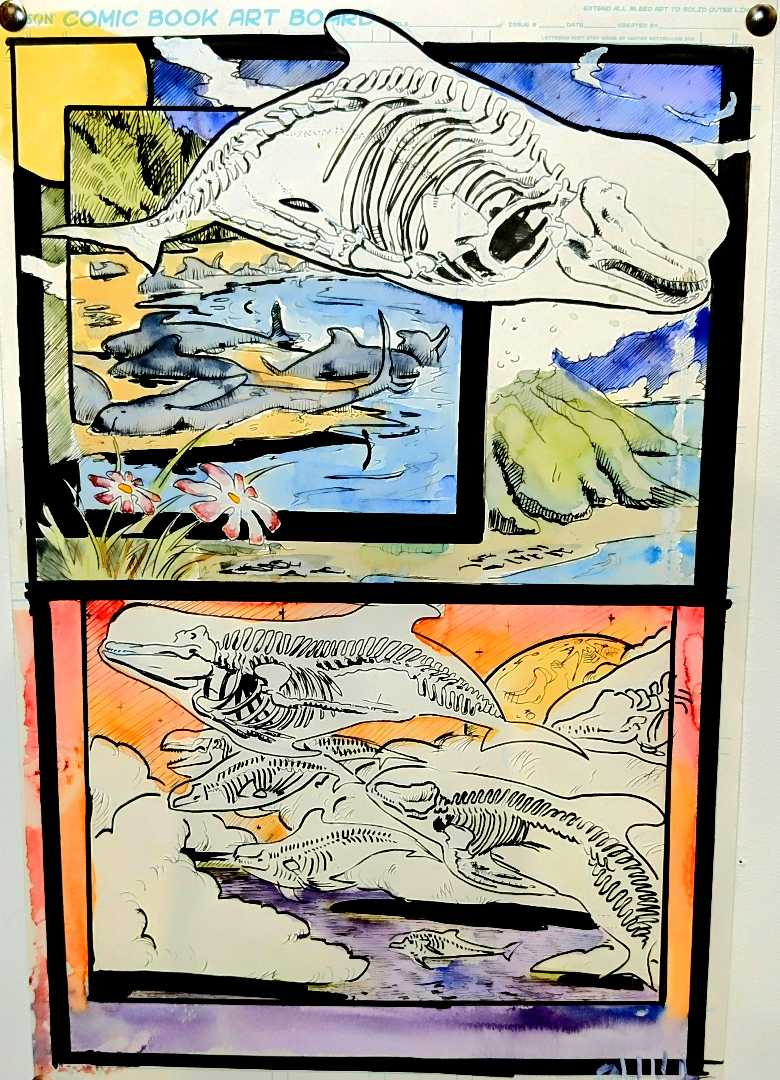 Pilot whales, comic, 2025.  Pilot whales sometimes mass strand on a beach.  I'd like to think they stay together afterwards, heading the restless souls in large joyous pods.