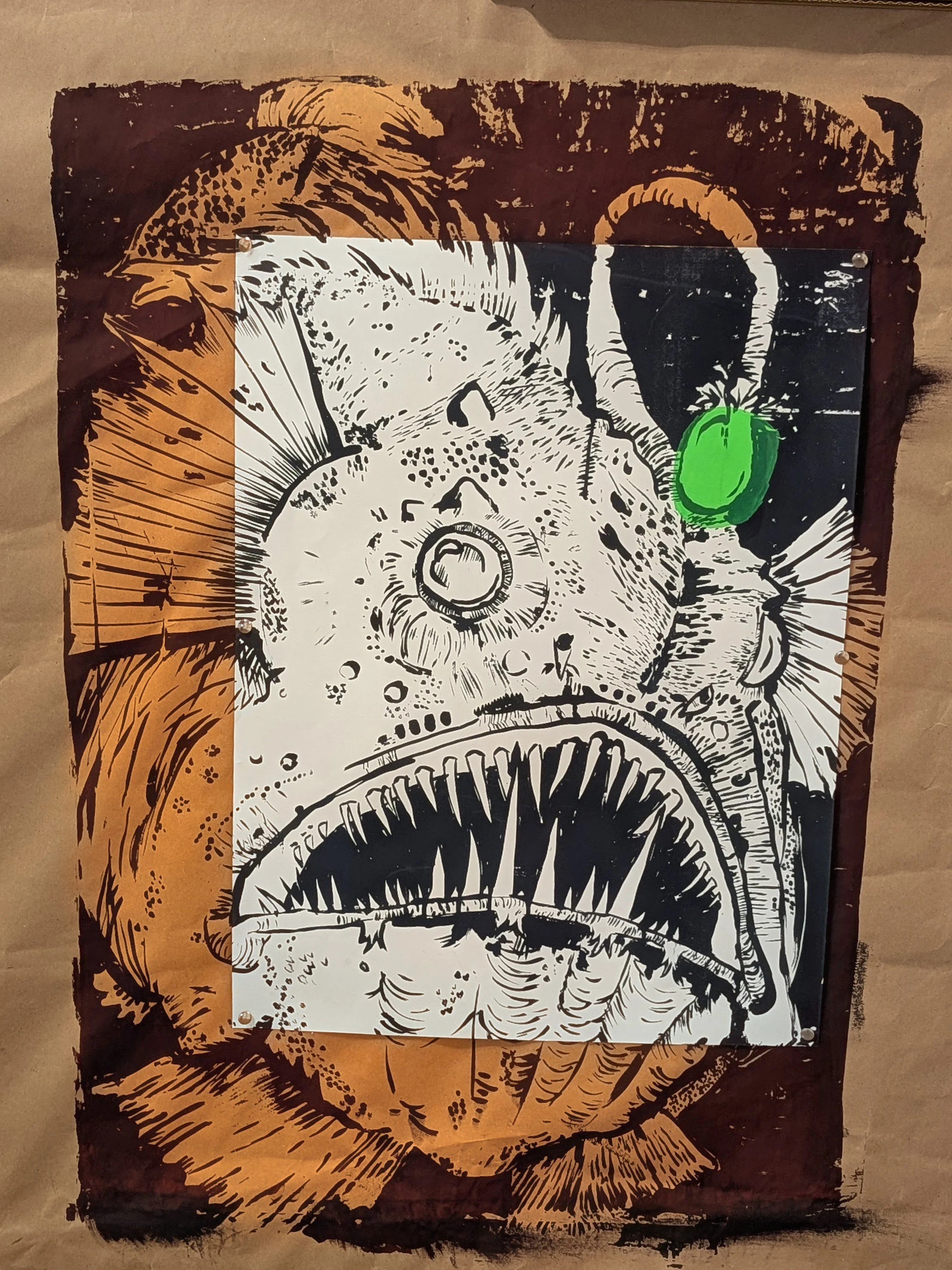 Underwater Creatures #1 anglerfish, screenprint.  This is the largest single image I have every printed, a full 30x60.  I layered two prints to make this one.  The "esca" the little green light thingie, is overprinted with gloss.