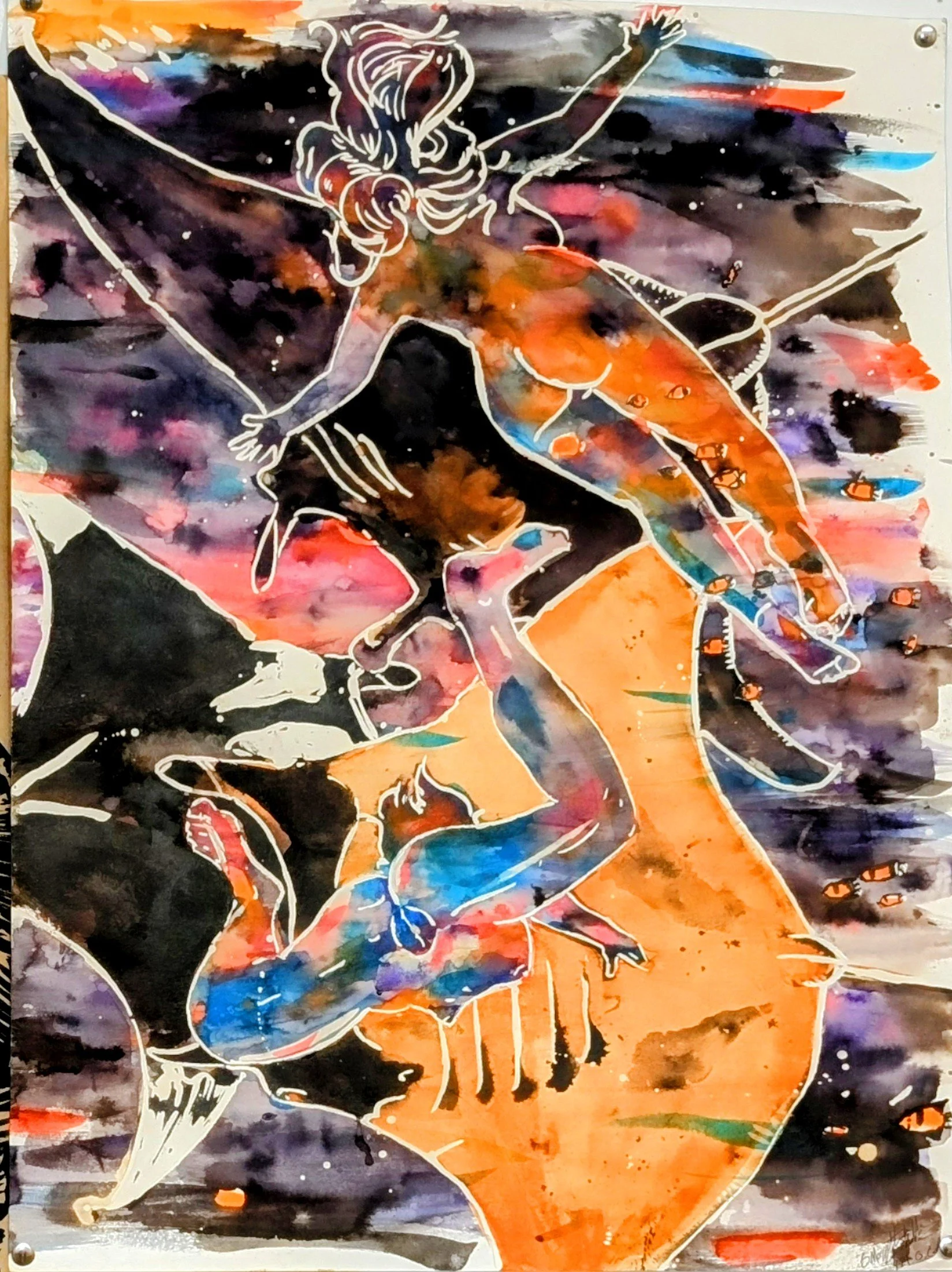 The Manta dream.  Drawing in inks, bleach, and resist techniques.  