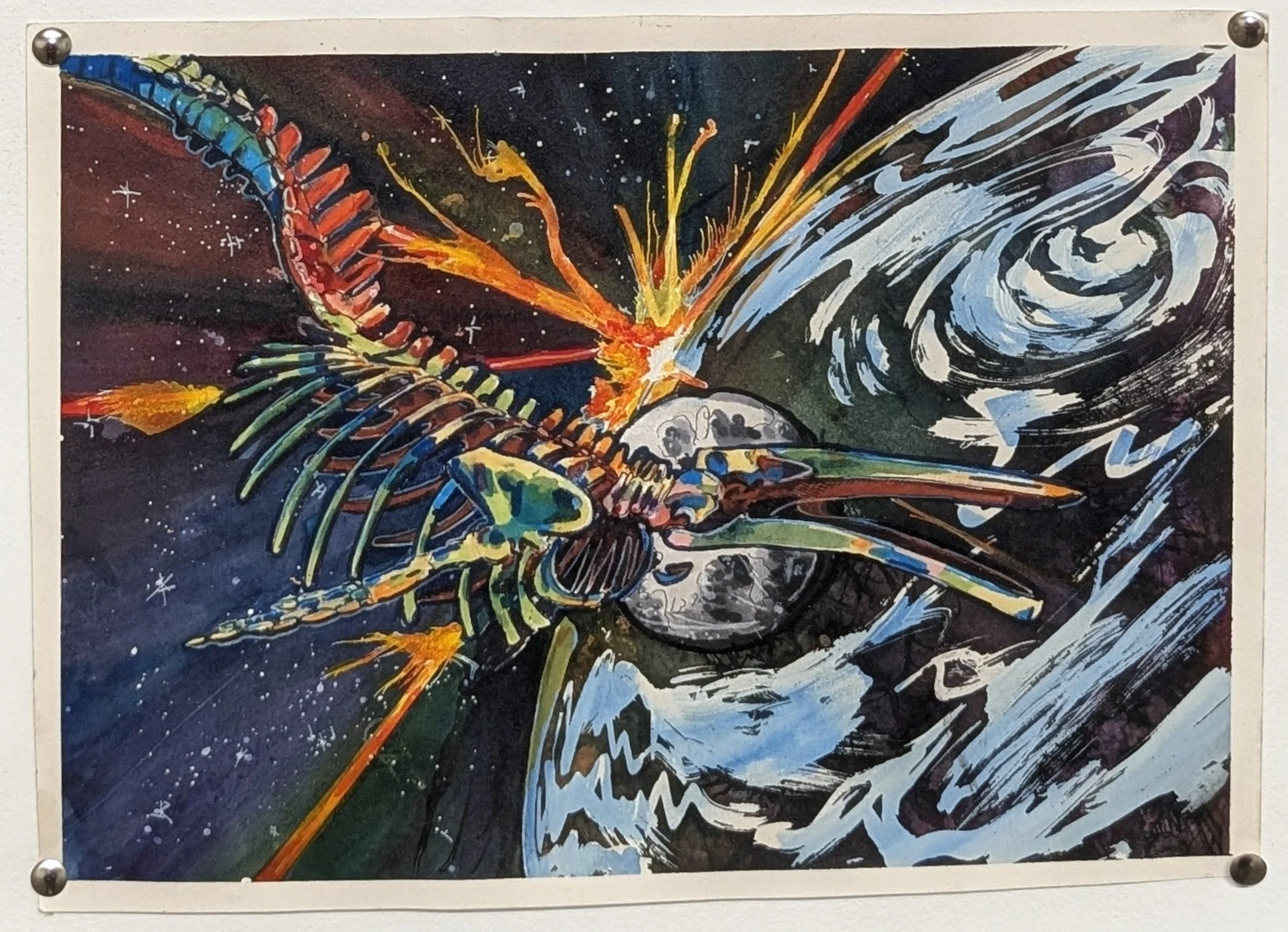 Round the curve.  watercolor and ink, 2022 one of my first set of "space whales"