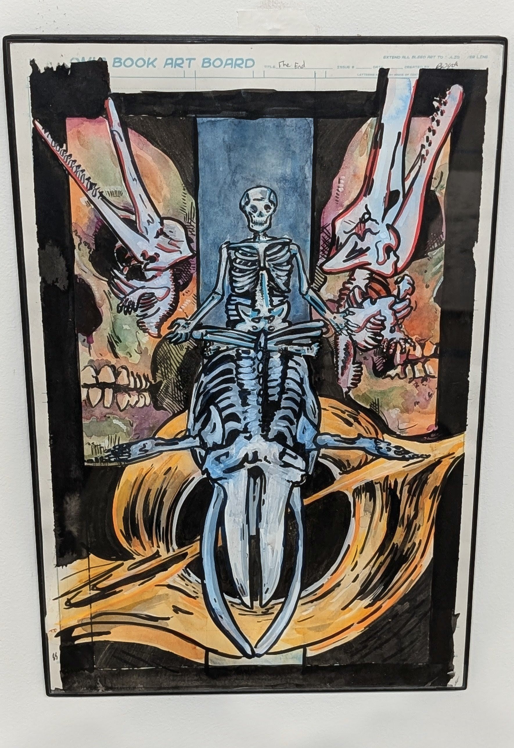 The End.  2026 comic, watercolor and ink.  The whale escorts a human soul to the universes final end, a black hole.  Sperm whales stand silent seninals as the future is embraced. 