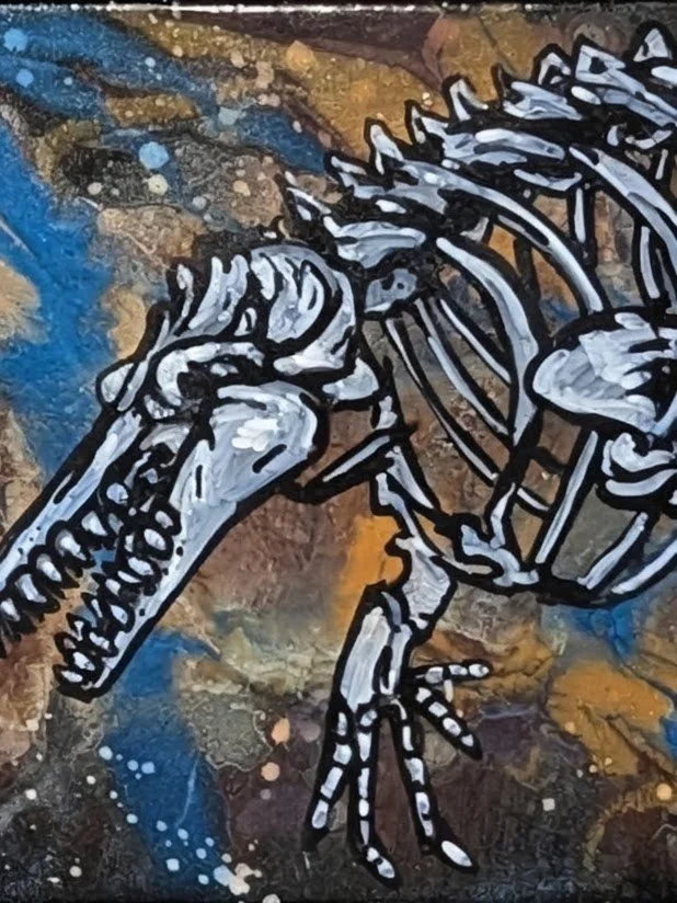 Orca Skeleton onmica powder pour background.  I plan to work on this one, early pieces don't have all the elements of a true SPACE WHALE drawing.