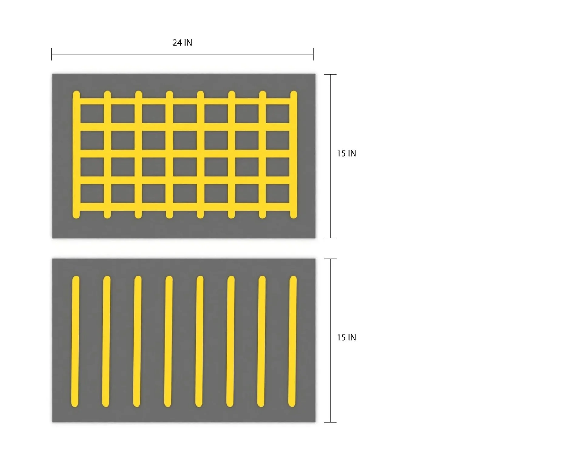 Two gray squares, each 15 inches tall, with yellow plastic fence components - the top square features a grid fence pattern, and the bottom square has vertical fence slats.