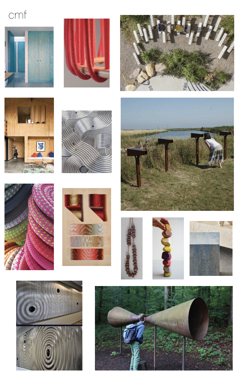 Collage of various art and design objects, including colorful woven accessories, metal sculptures, outdoor exhibits, and nature-inspired installations.