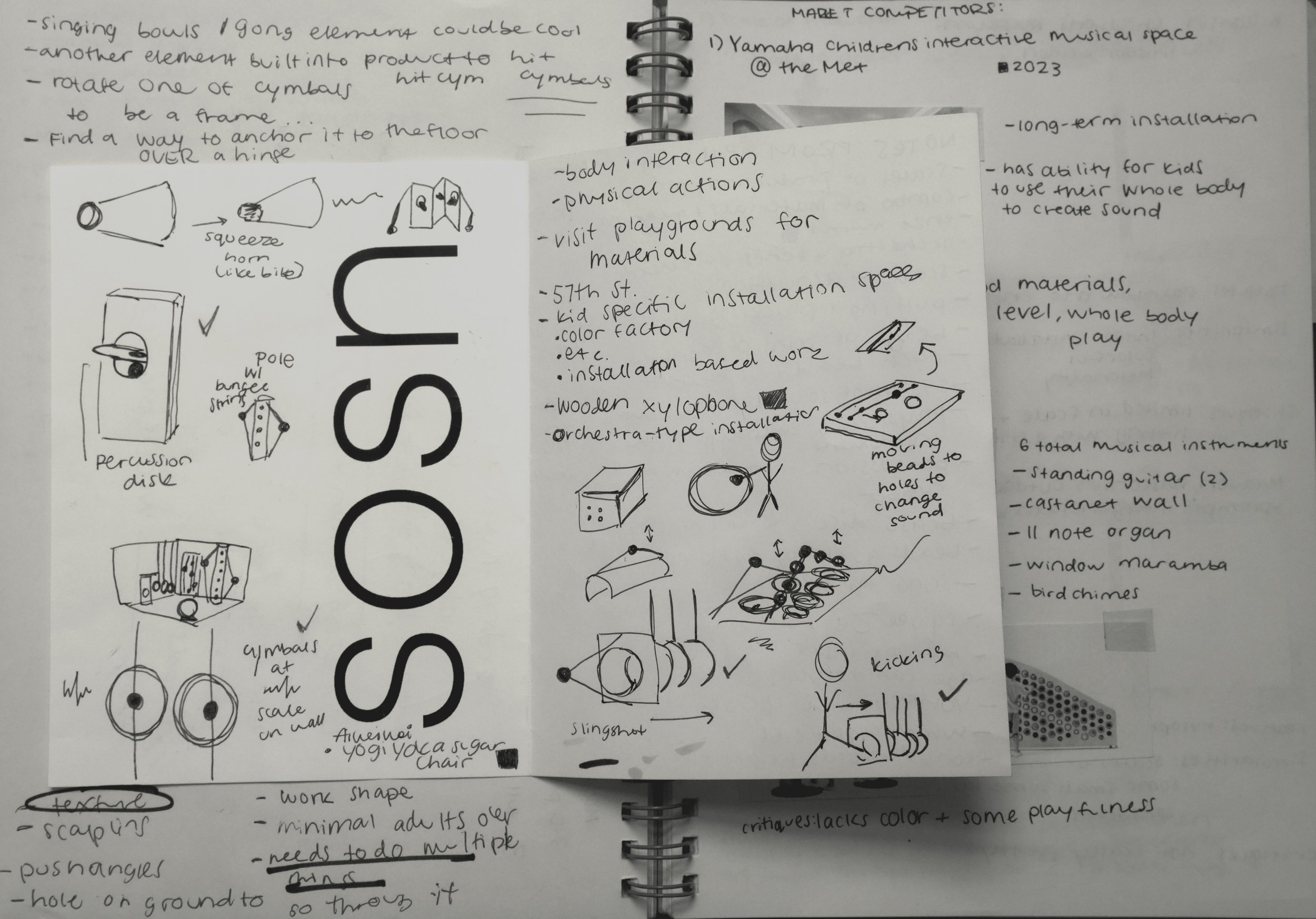 Handwritten notes and sketches on a notebook page about musical elements and interactive musical space activities, including diagrams of percussion instruments, cymbals, and installation ideas.