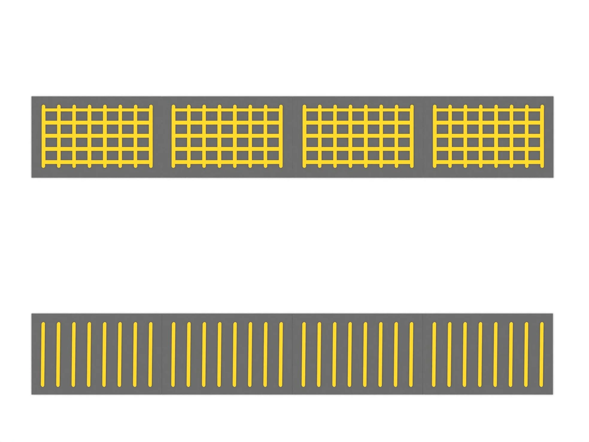 Two plastic sidewalk edging pieces with yellow textured top, one with a checkered pattern and one with a striped pattern.