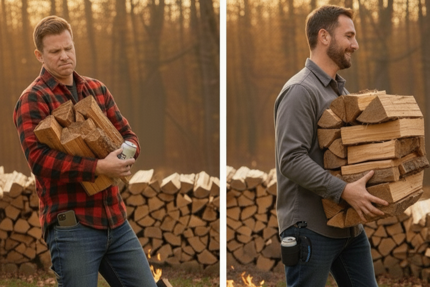 2 men trimming firewood outdoors, one holding a bundle of wood and the other carrying a large stack of firewood. The man carrying the large stack is able to do so because his drink is secured with Tacti-can on his belt clip.