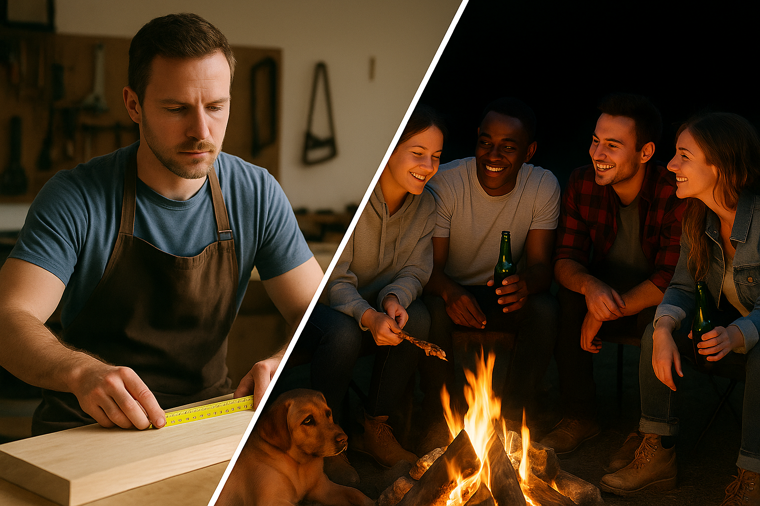 Left side shows a man in a workshop measuring a piece of wood, right side shows a group of four friends sitting around a campfire at night, smiling and holding drinks.
