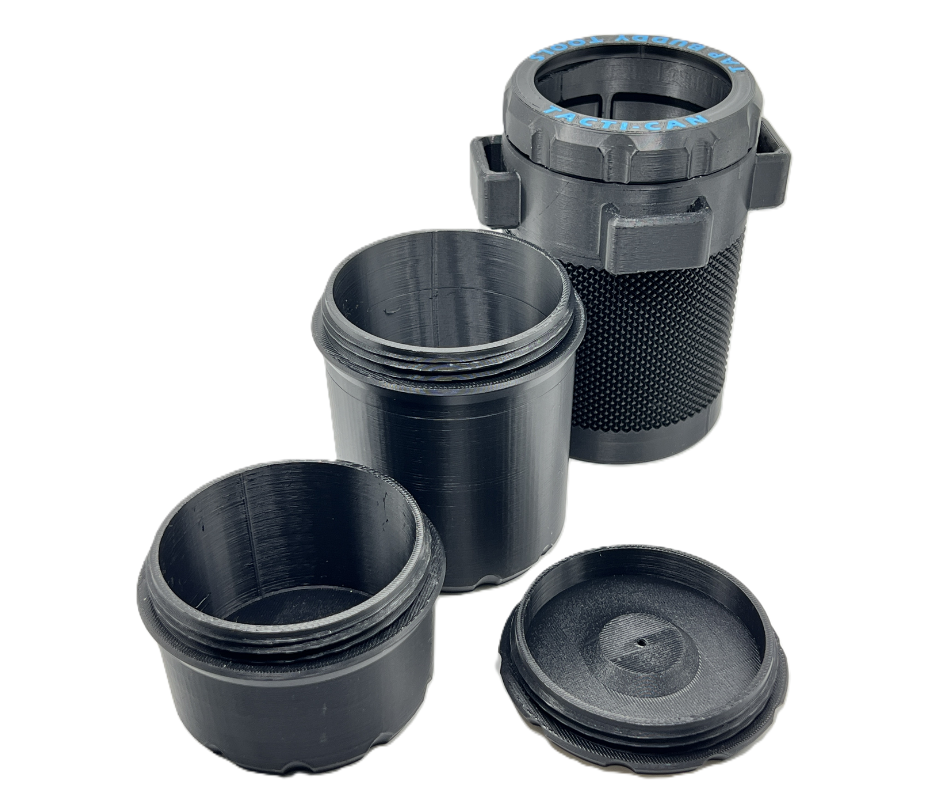Disassembled black can cooler shown with its 3 different interchangeable base options designed for storage of various sized objects