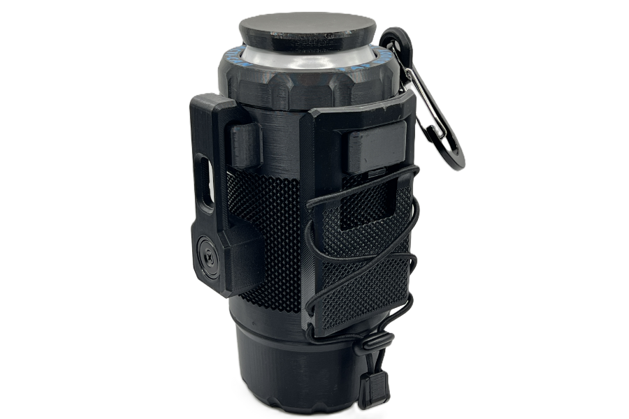 Tacti-can can cooler with various Clix: Top Hat cap for preventing spills, Side Stick side magnet, Hole-y One carabiner clip, and Stretcher for bungee storage.