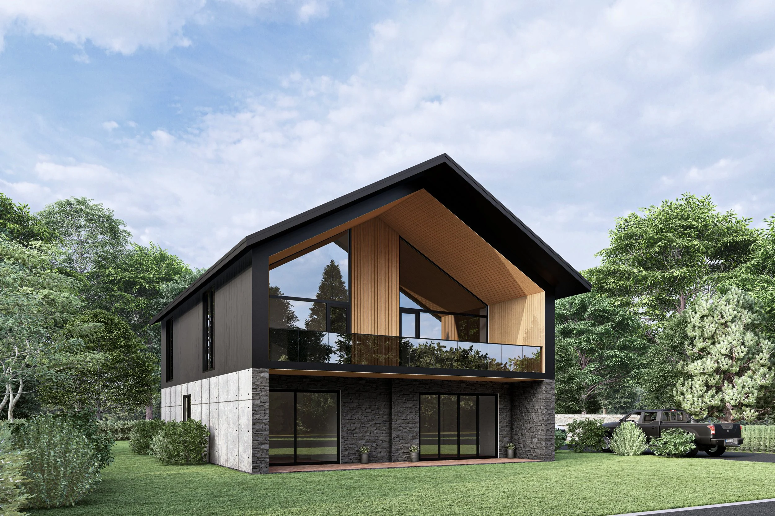 Modern two-story house with large windows, black and wood exterior, situated on a green lawn with trees and a parked truck nearby under a cloudy sky.