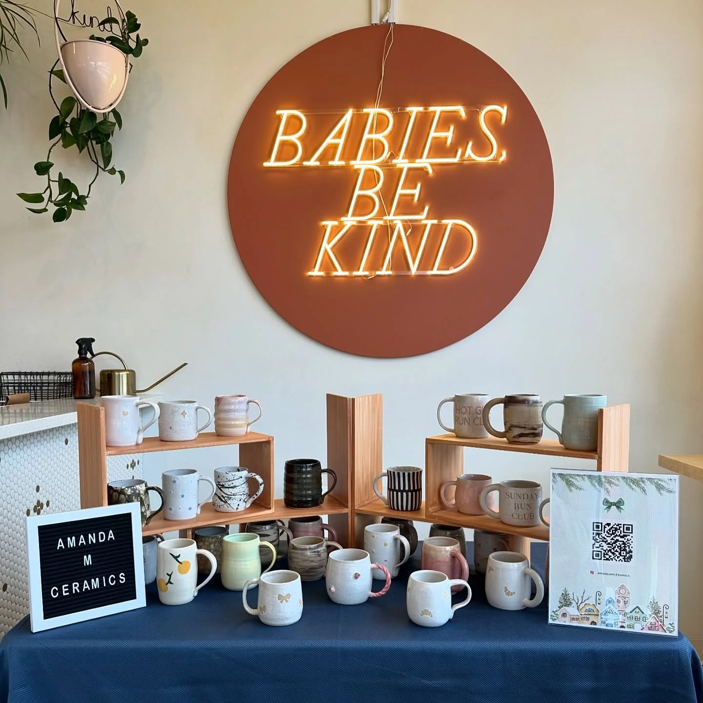 All set up for the @kindicecream Winter Market in Highlands today! I&rsquo;ll be here from 11-3 and I&rsquo;m so excited to see you! 🤍🤍🤍 #handmadewithlove #pottery #ceramicsofinstagram #handmademugs #yeg #locallymade #potterylove #potteryofinstagr